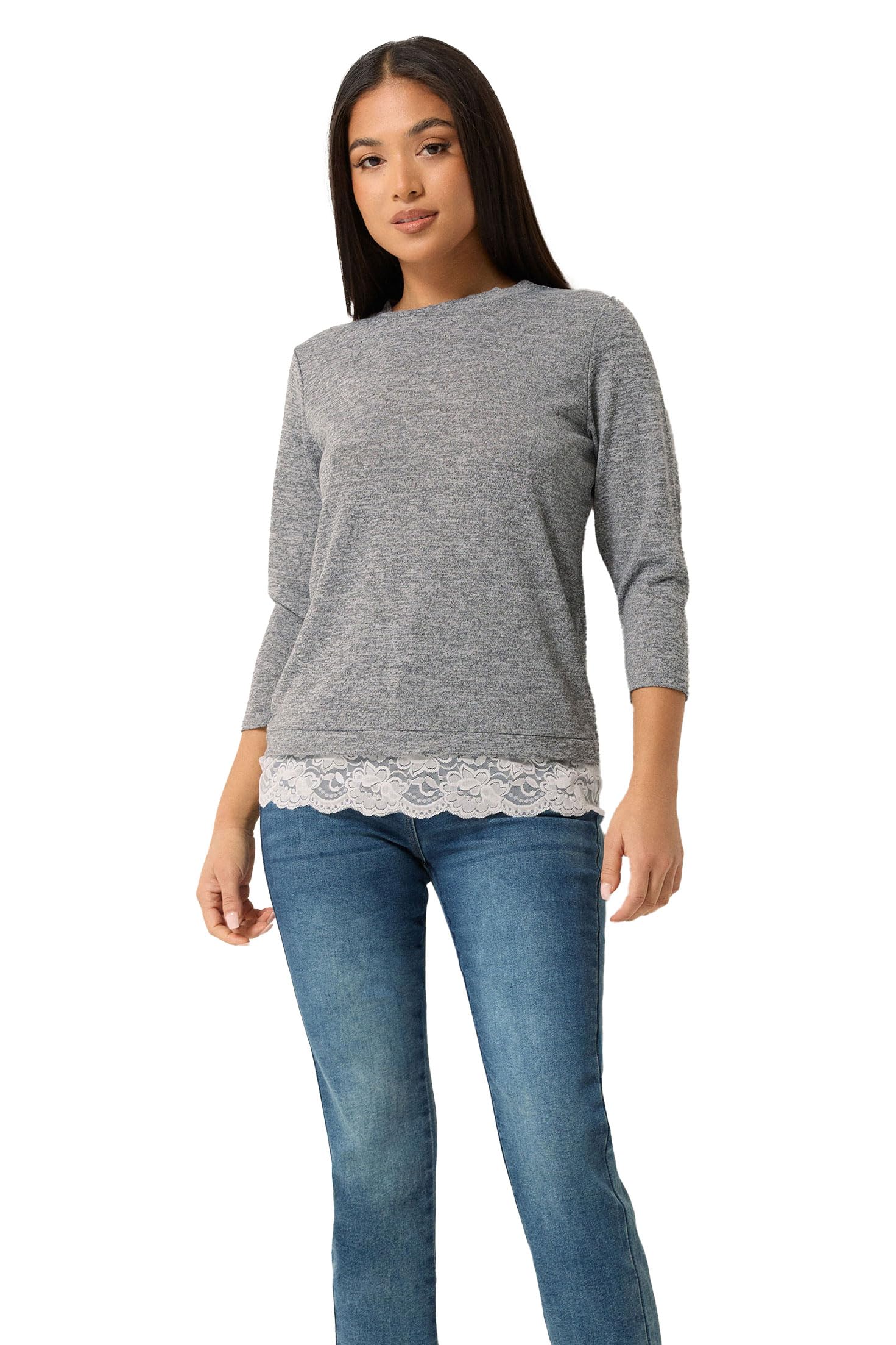 M&Co Women's Petite Lace Hem Top in Grey | Size: 8