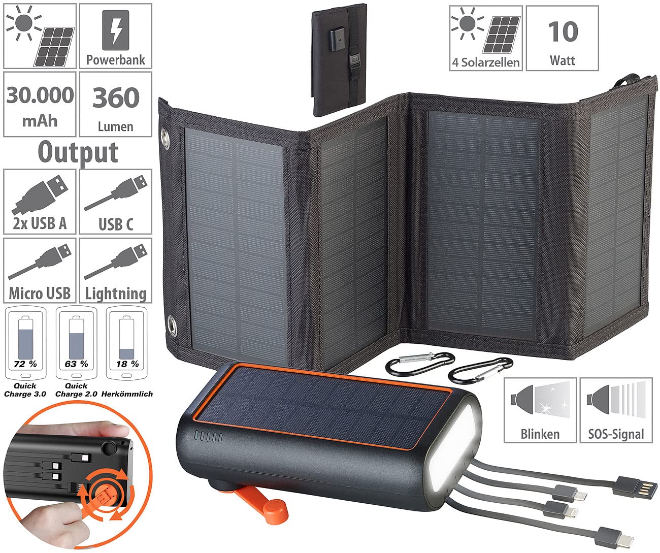 revolt Nachtlicht: Solar-Powerbank mit Kurbel & Extra-Solarpanel, 30.000 mAh, PD 20 Watt (Kurbel Dynamo-Powerbank, Power Delivery, Qi)