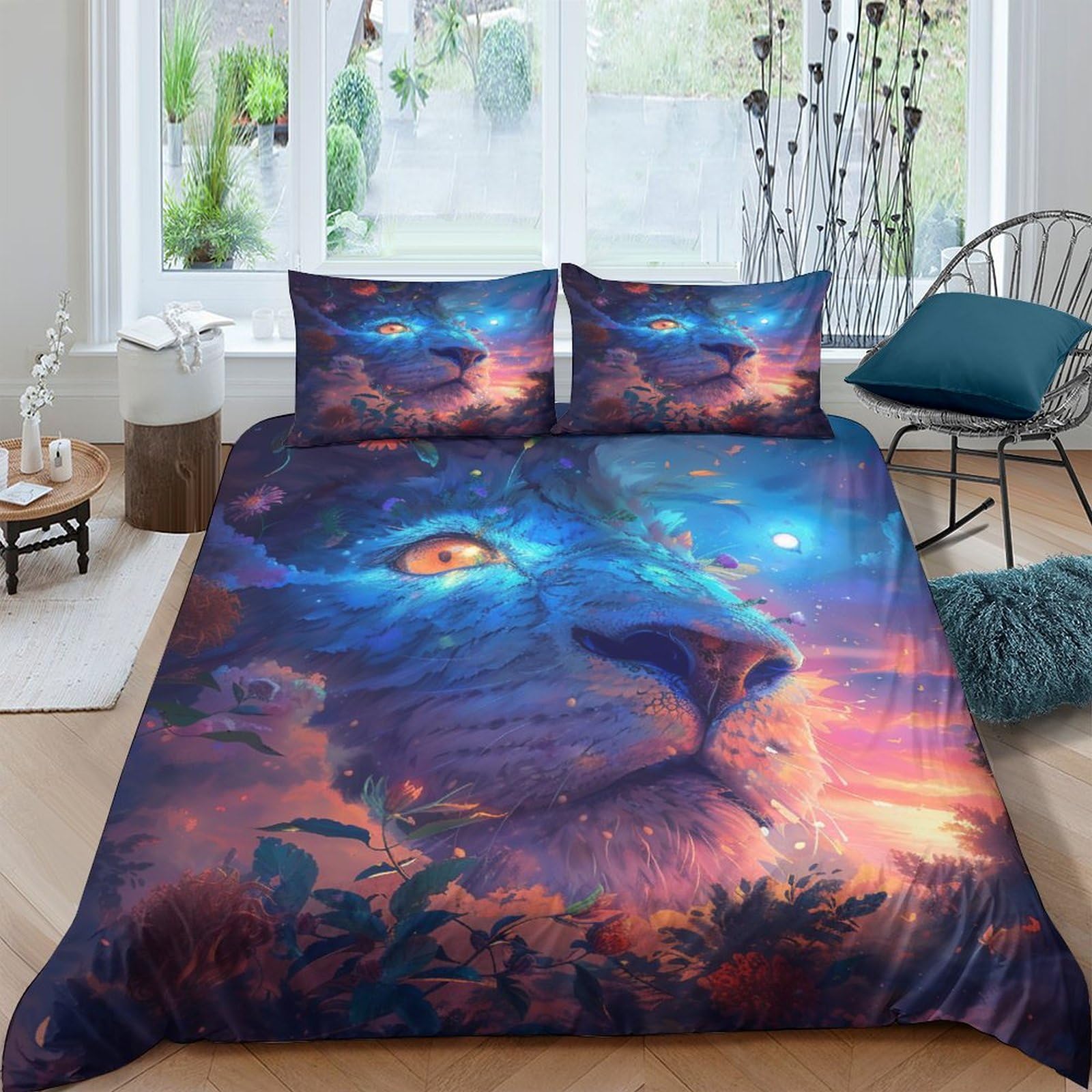 Housse de couette lion 3D anti-acarien et infroissable pour lit King Size 240cm