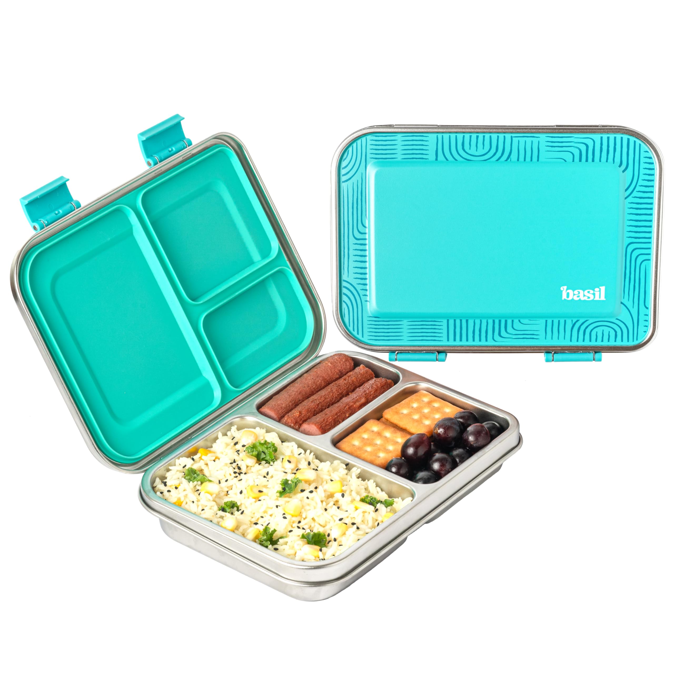 Basil Bento Neo Classic 2025 – New & Improved, 1000ml 3-Compartment Stainless Steel Lunch Box for Adults, Teens & Kids | Leak-Proof & Easy to Open Tiffin for Office, School, College - Teal
