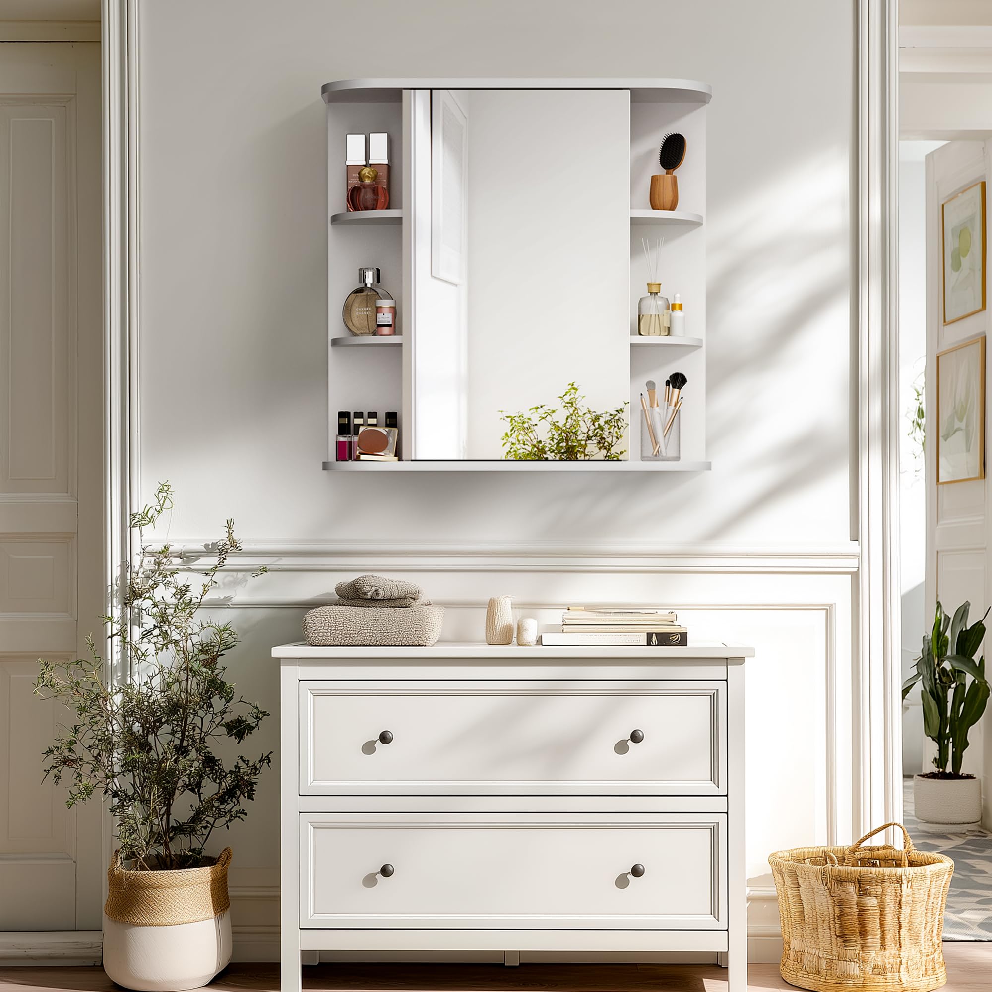 Pamapic Mobile Bagno con Specchio, Mobiletto Pensile Bagno,Scomparto Aperto, Mobiletto da Muro, Ripiani Regolabili, Soggiorno, Camera da Letto, 67,5 x 60 cm, Bianco