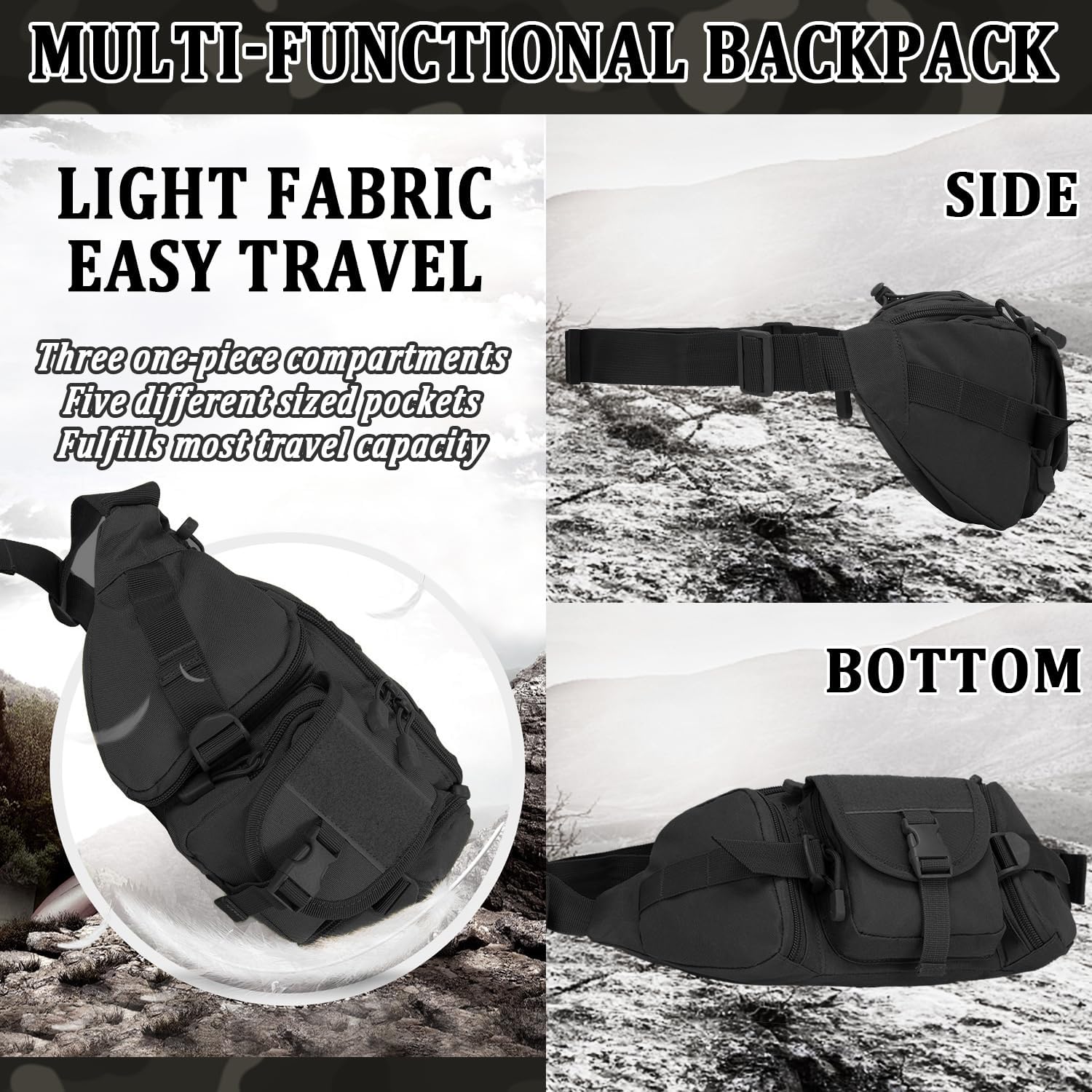 Taeku Tactical Fanny Pack, Military Waist Bag Utility Hip Pack with Adjustable Strap for Outdoors Fishing Cycling Camping Dog Walking (Black) - Image 8