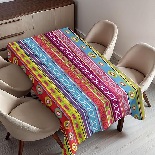 Ambesonne Mantel a rayas, colorido diseño de círculos de rayas retro, estilo bohemio de los años 90, estampado de arco iris, para mesa rectangular