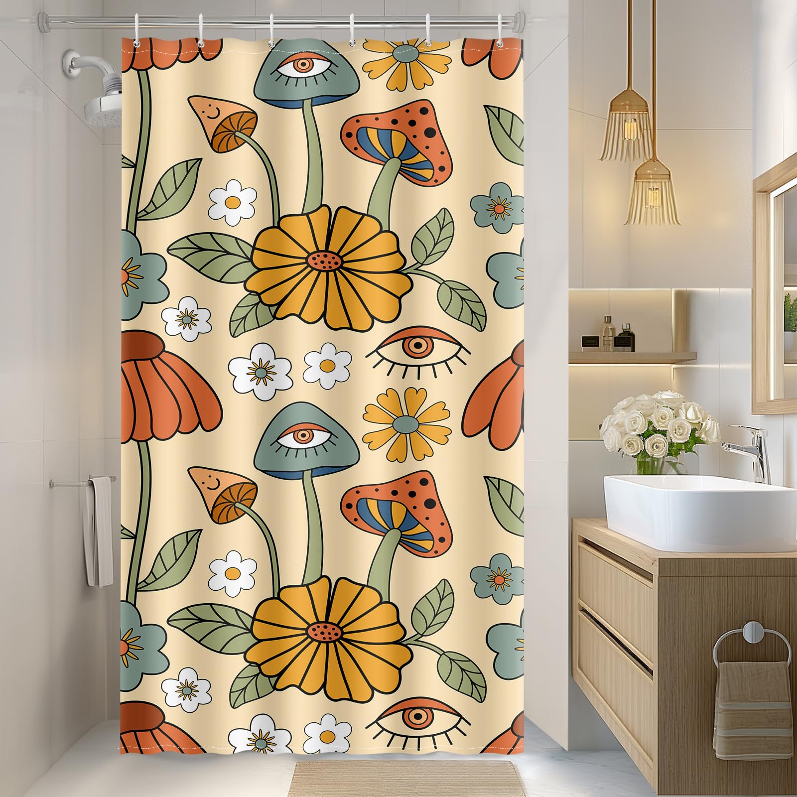 Aimego Stall Small Shower Curtain - Boho Mushroom Floral 70s Retro Bohemian Yellow Orange Flowers Eyes Narrow Half Fabric Cloth Bath Shower Curtain