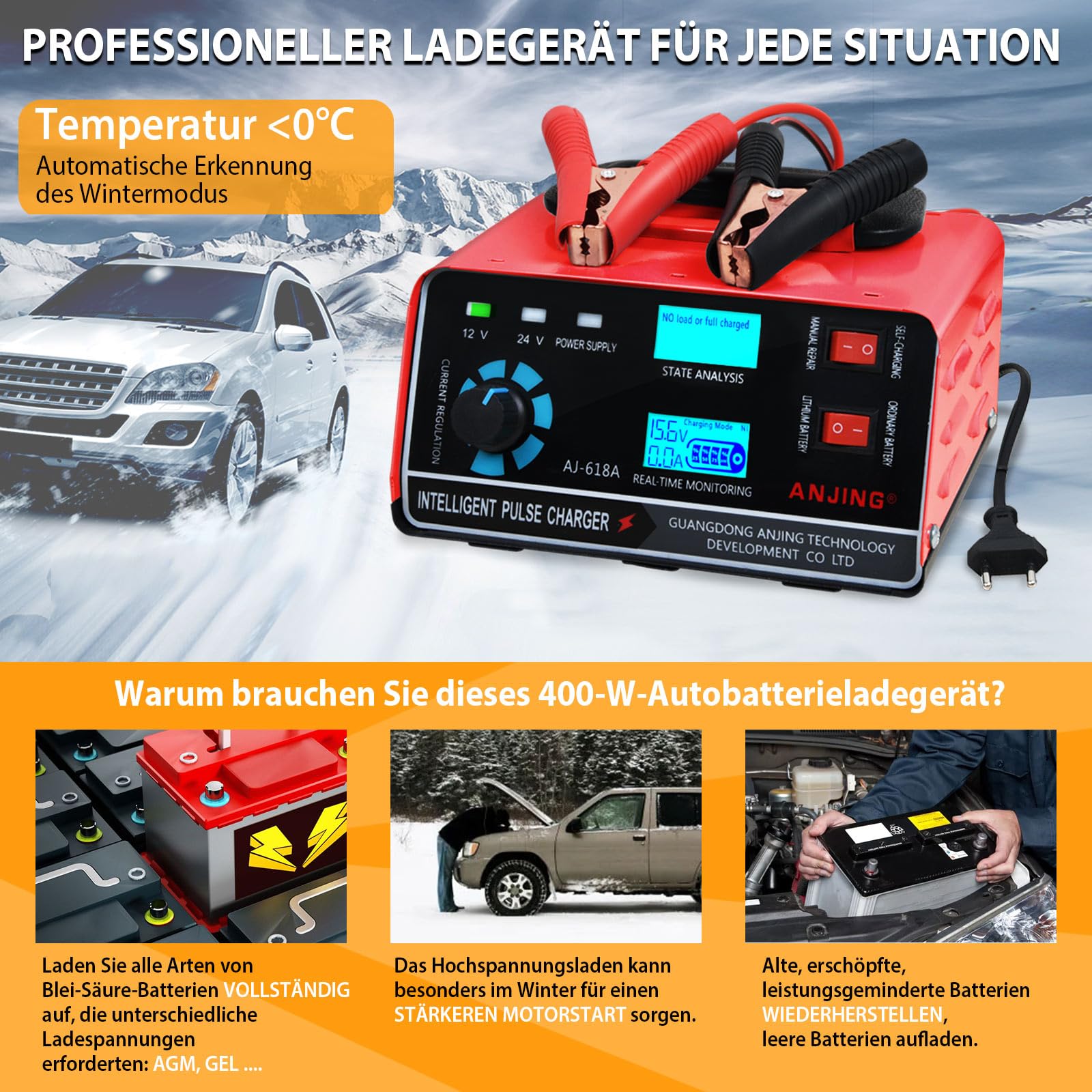 400W Autobatterie Ladegerät 22A 12V/24V KFZ Batterieladegerät Auto Vollautomatisches Intelligentes Geeignet für Autos Motorräder Pkw LKW