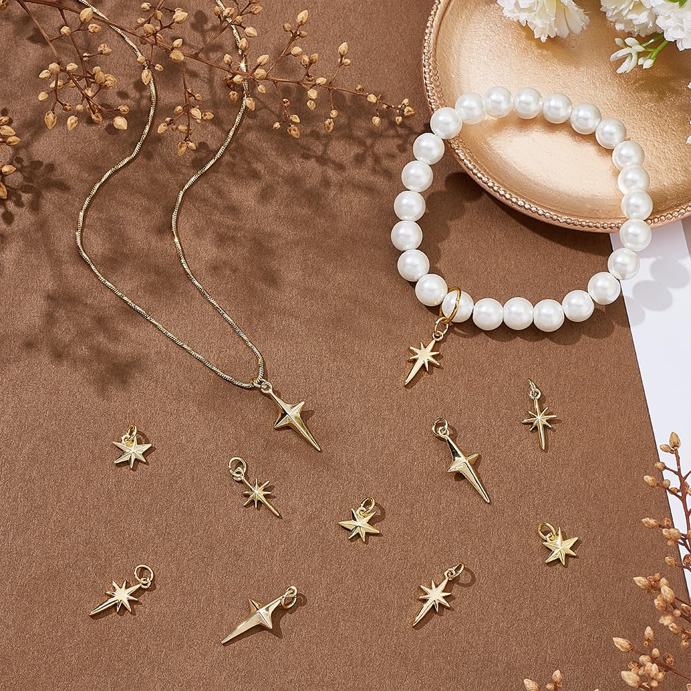 24 colgantes de estrella de latón chapado en oro de 18 quilates, diseño de estrella del norte, 4 estilos, con anillo curvado para la fabricación de joyas, manualidades