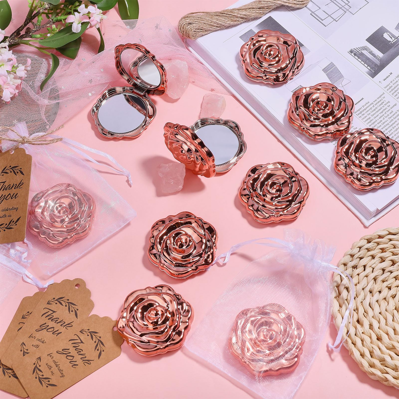 FREEBLOSS Lot de 50 Miroir de Poche Rose Compact 3D avec 50 Cartes et 50 Pochettes en Organza Idéal pour Un Mariage Un Anniversaire Une Fête Prénatale Ou Un Voyage 2.5" Tour