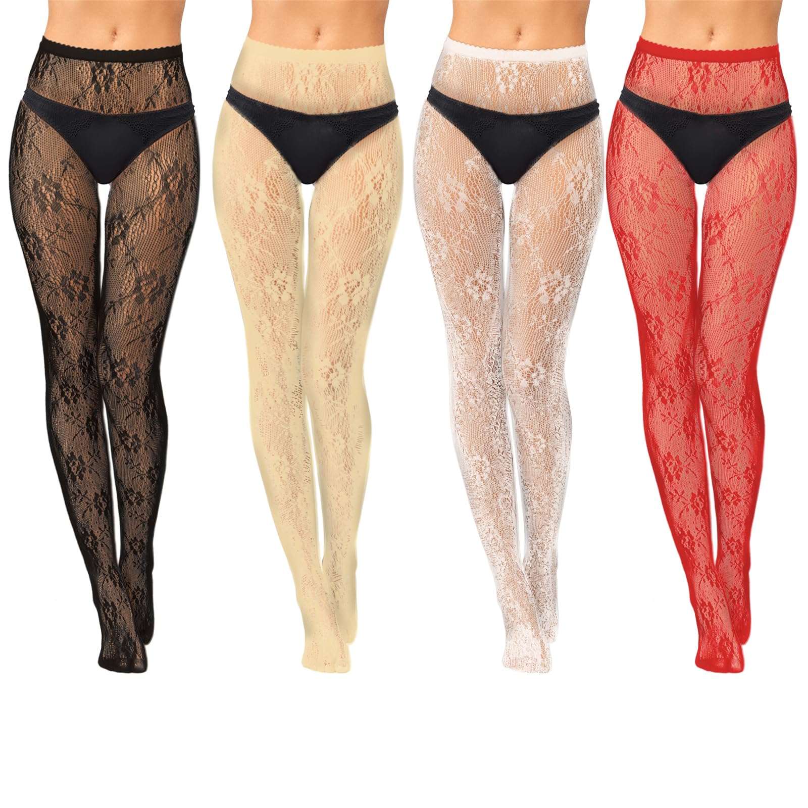 Jiuguva 4 Pack Women's Patterned Tights Fishnet Stockings Floral Pantyhose Stockings Leggings Lace Tights for Women Girls