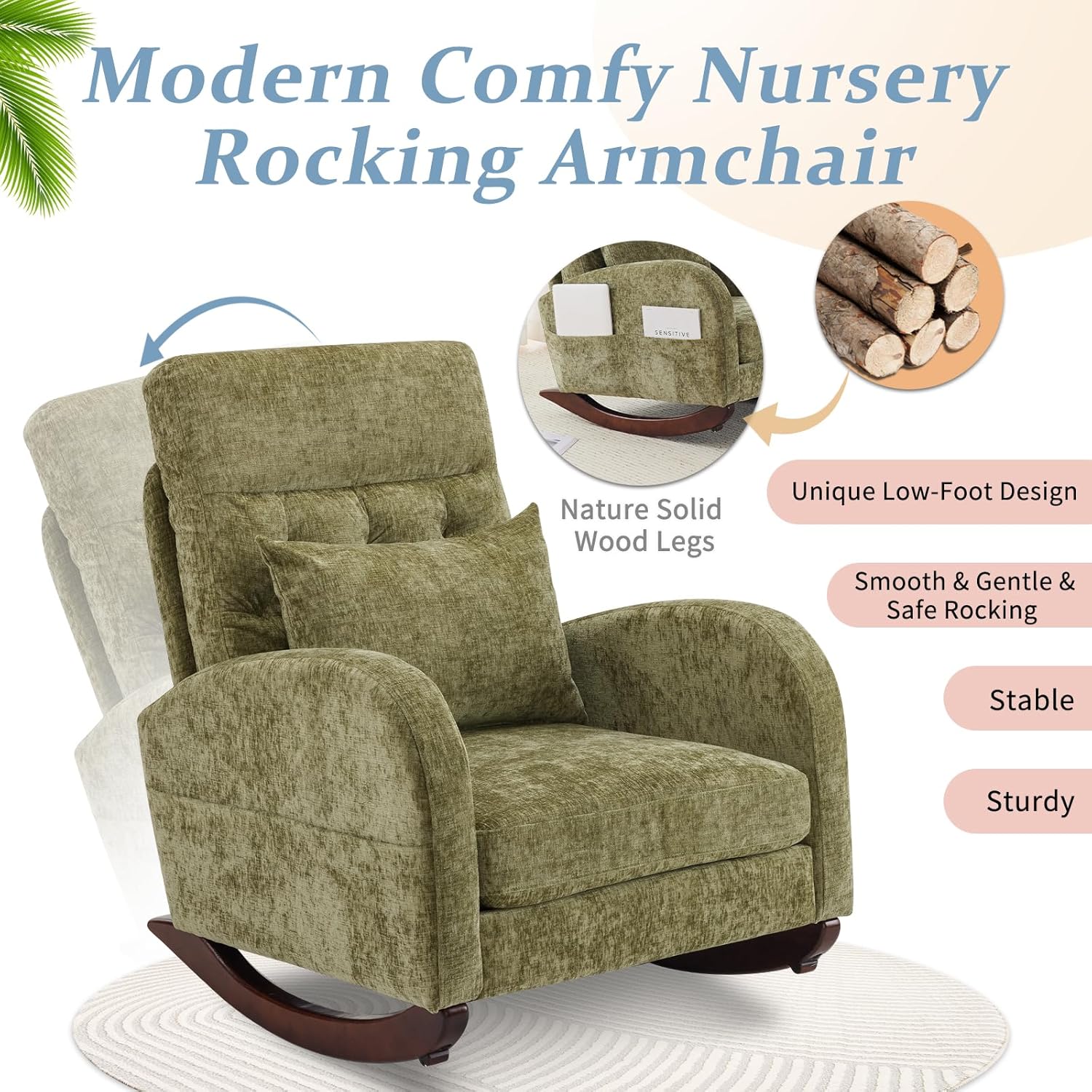 VINGLI Chenille Low Seat Rocking Chair,Upholstered Nursery Glider Chair with Side Pockets,Accent Arm Chair with High Backrest,Comfy Head Rest,Solid Wood,for Living Room Bedroom Balcony,Olive Green