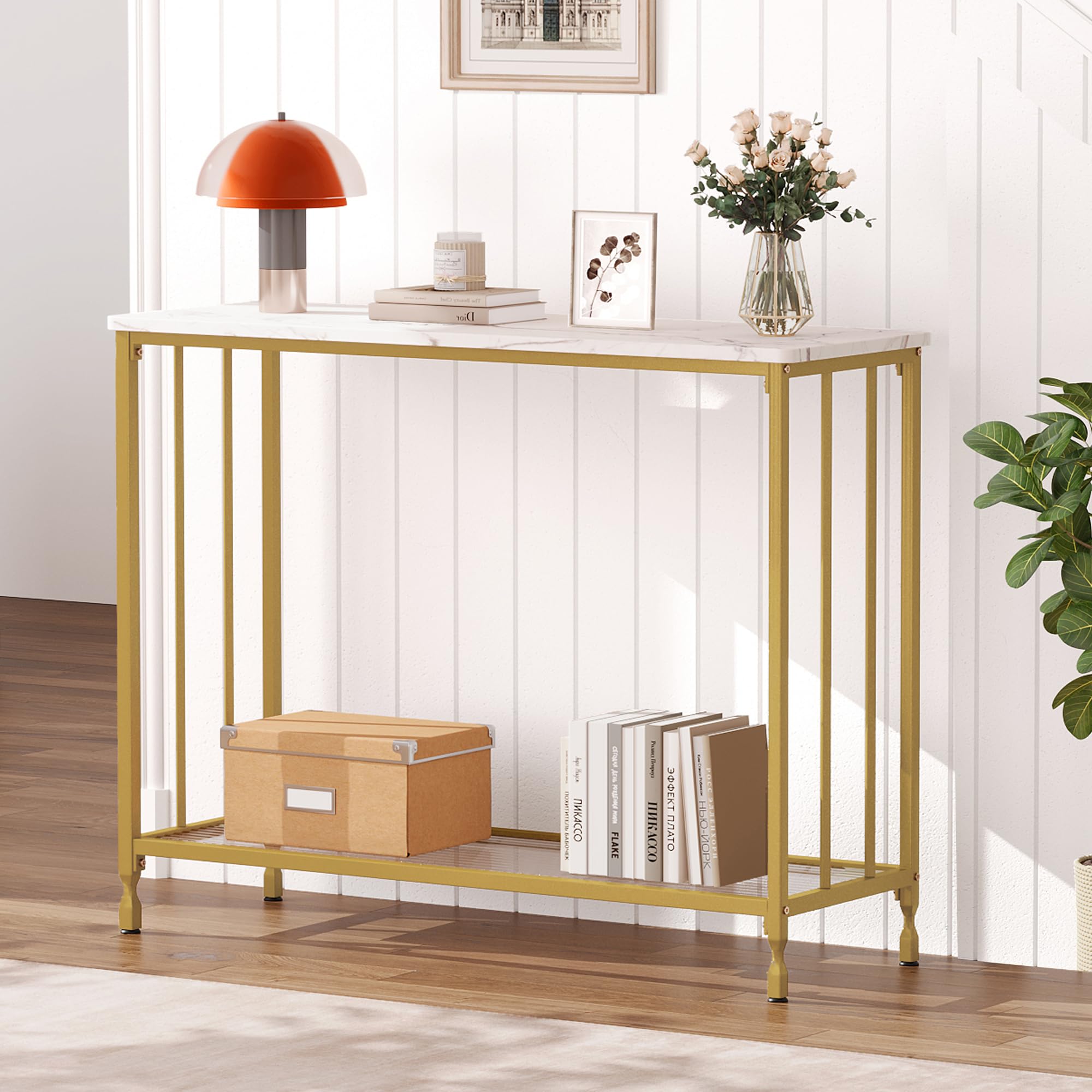 VASAGLE 39.4 Console Sofa Table Glass Gold Entryway Table 2 Shelves