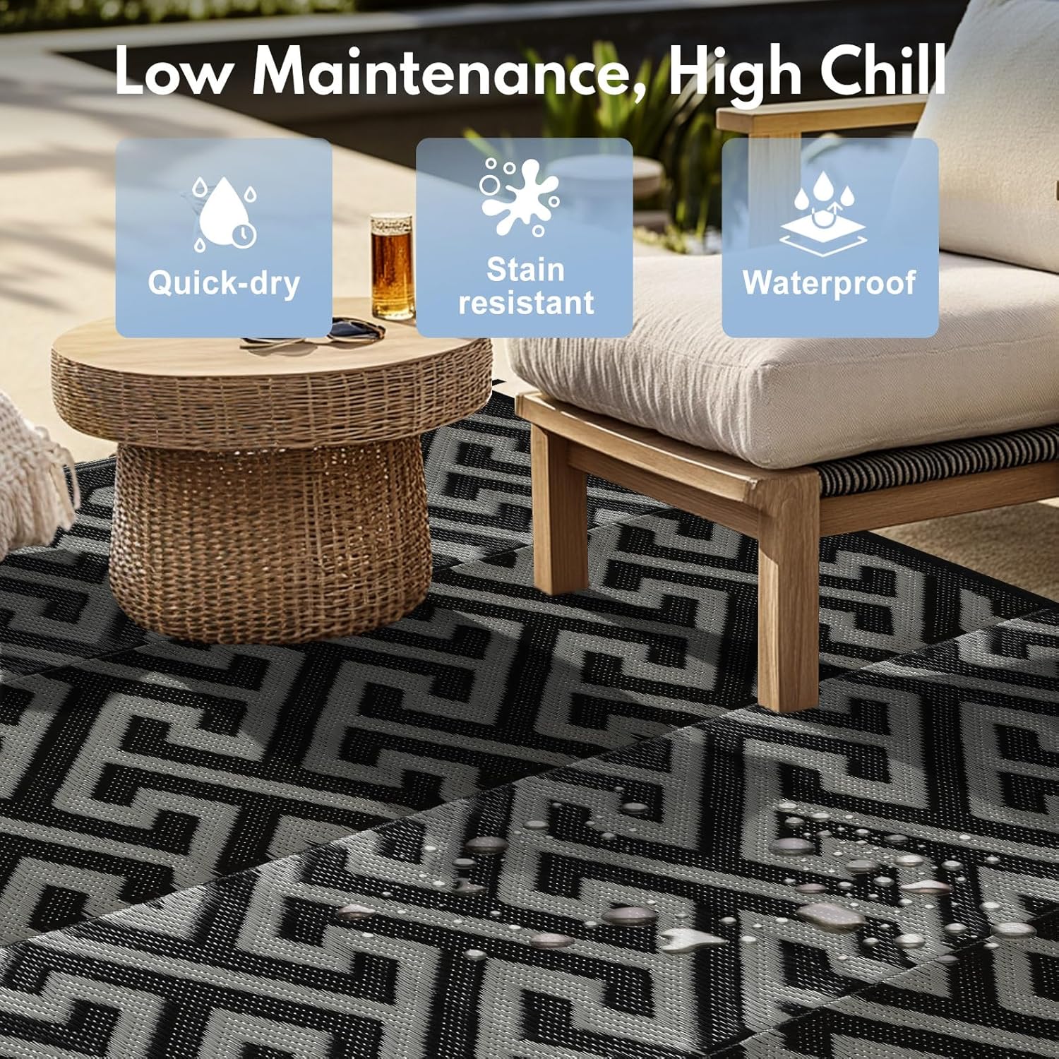 Waterproof Outdoor Rug 9x18 ft, Reversible Plastic Straw Rug, Easy to Clean Patio Rug, Portable Carpet for Patio, RV, Deck, Balcony, Backyard, Picnic, Beach, I-Shaped, Black