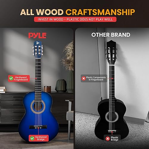 Vista 48 de Pyle - Kit de guitarra acústica para principiantes, instrumento junior de 3/4 de 36 pulgadas de tamaño para niños y adultos, Sun Burst Brillo