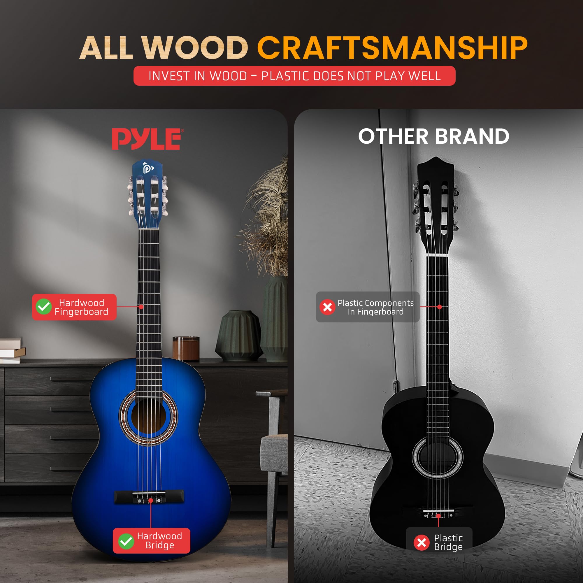 Pyle Kit per chitarra acustica per principianti, 4/4, strumento a corda in nylon con capotasto, custodia, tracolla, set di corde extra, chitarre per principianti, adulti e giovani, 101,6 cm, blu