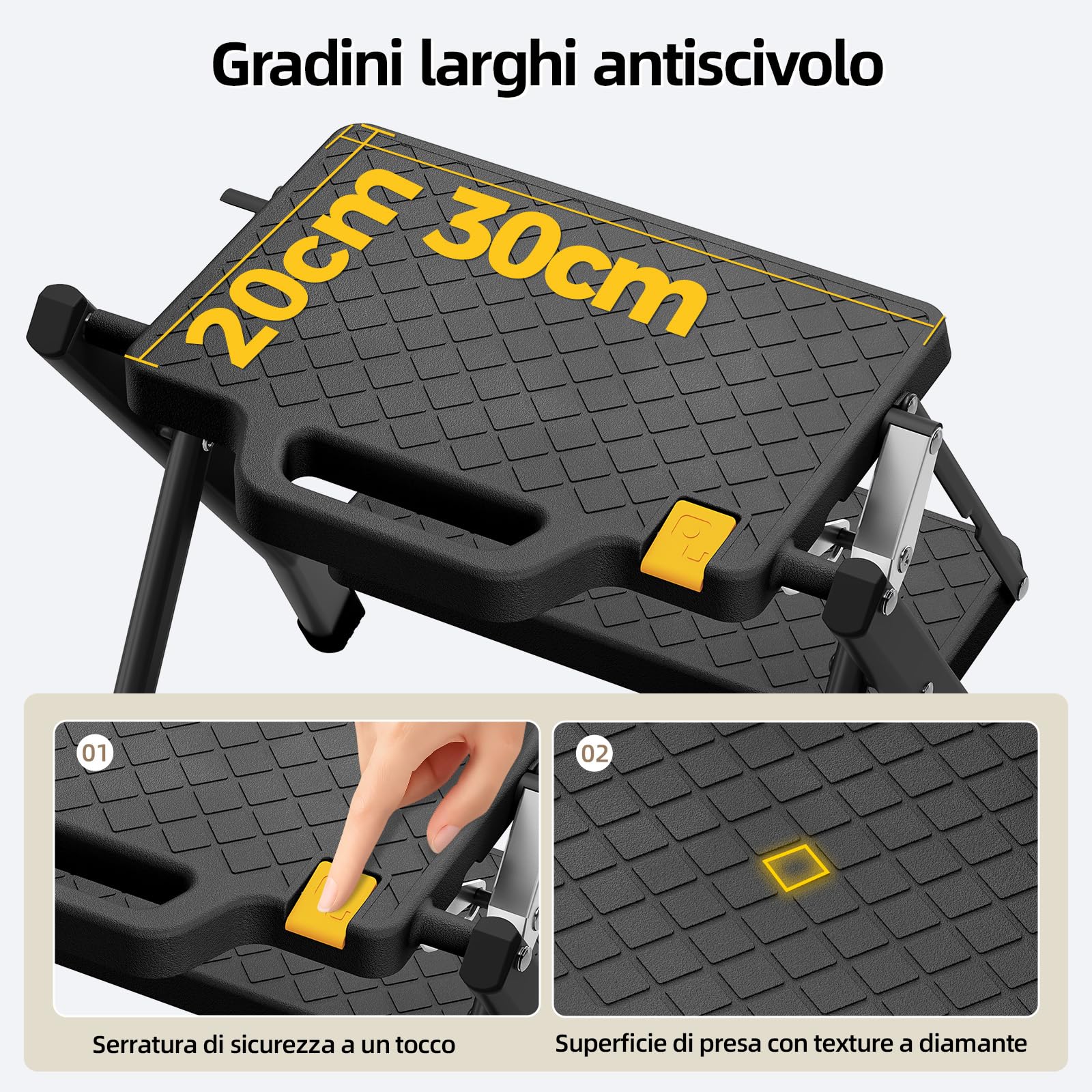 Urackify Scaletta 2 Gradini, Scalino Pieghevole con Pulsante di Sblocco | Sgabello con Pedana Antiscivolo, Leggero in Acciaio per Casa, Cucina, Camper, Roulotte, Portata fino a 150 kg, Nero