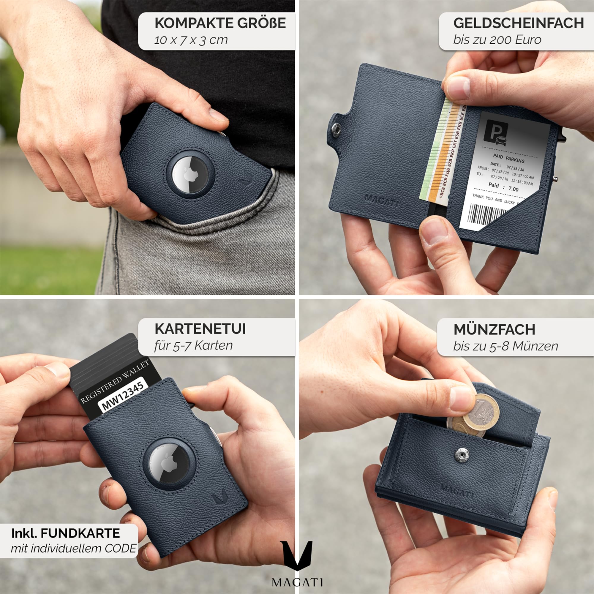 MAGATI Slim Wallet Zani mit AirTag Hülle aus Leder, inkl. Fundservice, Kartenetui mit Münzfach & RFID Blocker, Geldbörse für AirTag, Portmonee mit Kartenhalter & Geldscheinfach, Blau