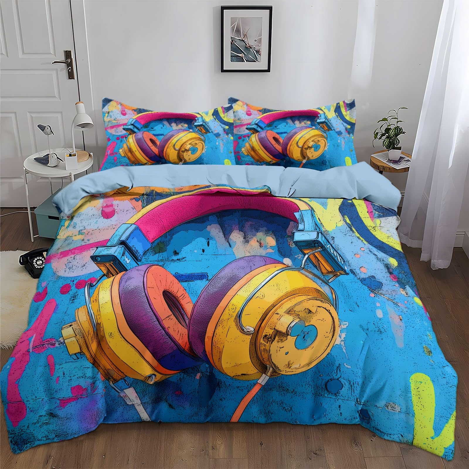 Set di biancheria da letto king size con cerniera nascosta, per ragazzi e ragazzi, motivo: cuffie e cuffie con musica hip-hop, blu, in morbida microfibra, con cerniera nascosta, 230 x 220 cm + 2