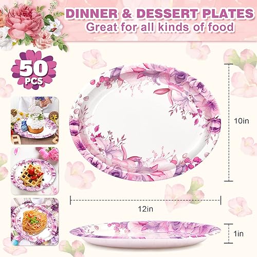 Miniatura 3 de 50 platos de papel para el Día de la Madre, suministros de fiesta de té floral de primavera, 12 x 10 pulgadas, platos desechables ovalados para
