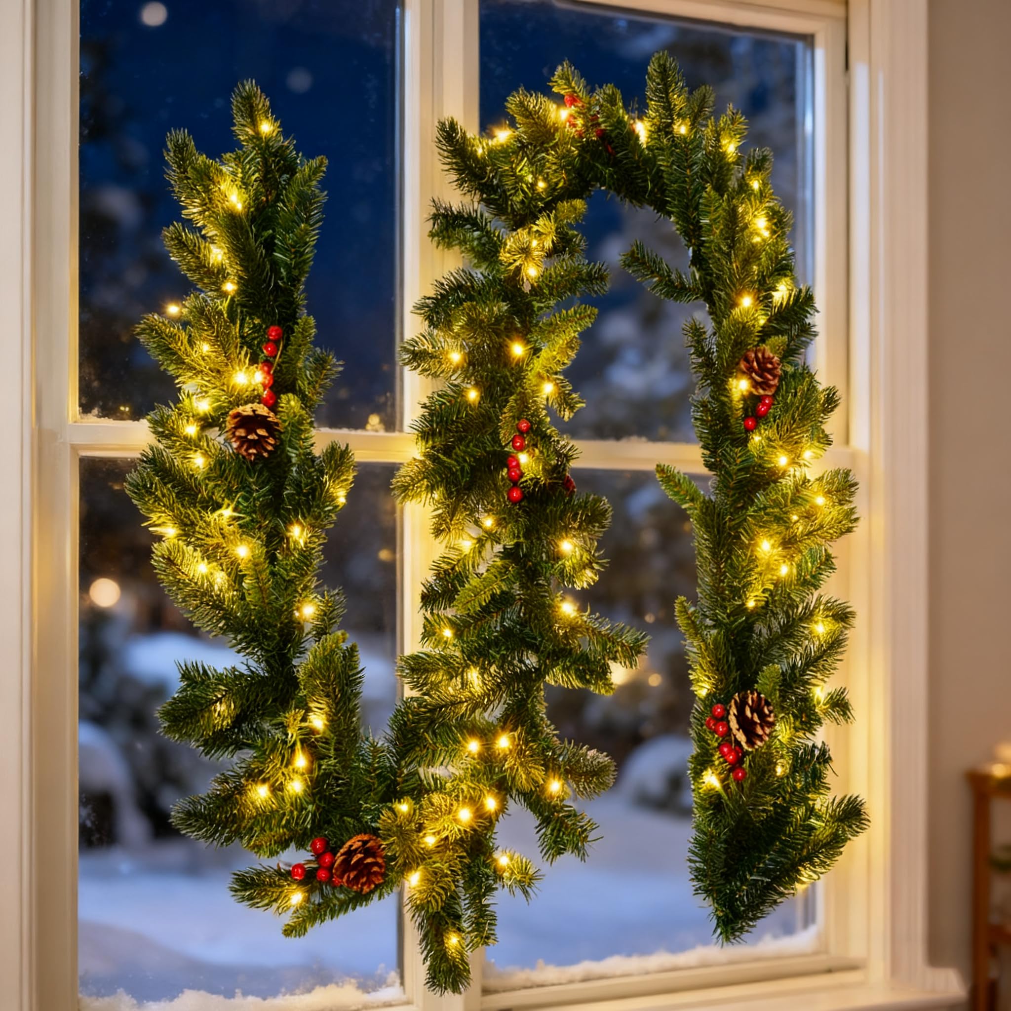 GYMAX Guirnalda de Navidad Decorativa de 270 cm con Función de Temporizador e Iluminación de 100 LED, Guirnalda de Abeto Artificial con Bayas Rojas y Piñas, para Puerta, Ventana, Chimenea, Escaleras