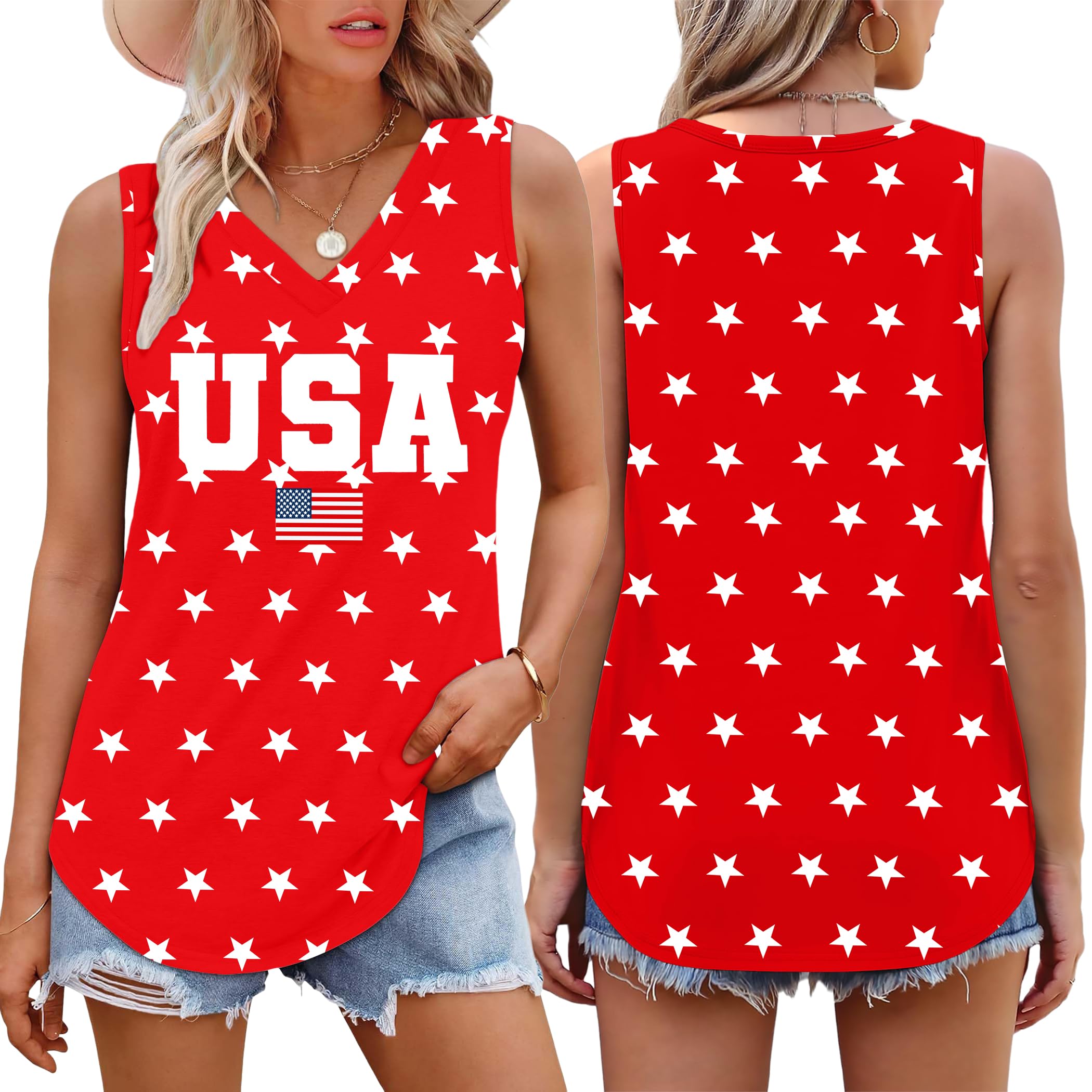 CAZYCHILD American Flag Tank Top Women 4th of July Tanks Tops for Womens USA Flag Patriotic V Neck Sleeveless Tee