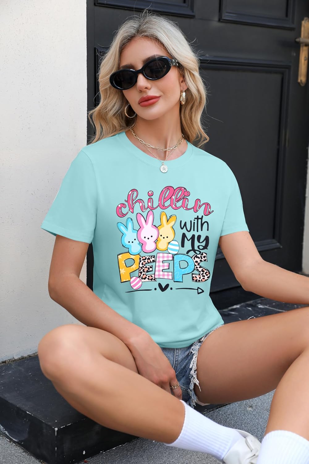 Happy Easter Shirts Women Bunny Shirt: Chillin with My Peeps Tshirt Cute Rabbit Graphic T-Shirt Easter Gift Tops - Image 3