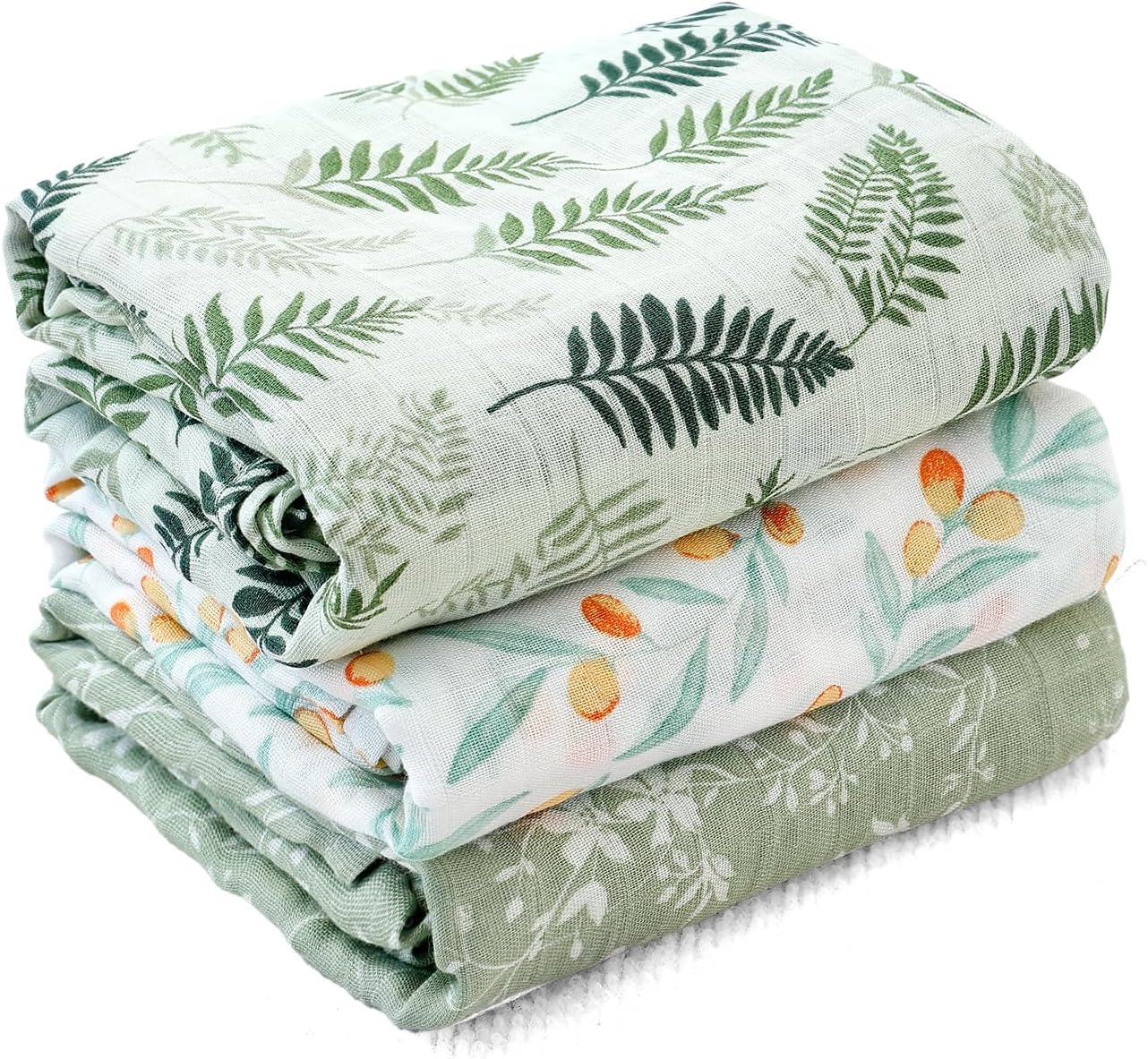Muslin Swaddle Blankets for Baby Boys and Girls,3 Pack Breathable Soft Receiving Blanket,Large 43.3X 43.3 inches,Newborn Essentials Must Haves (Leaves)