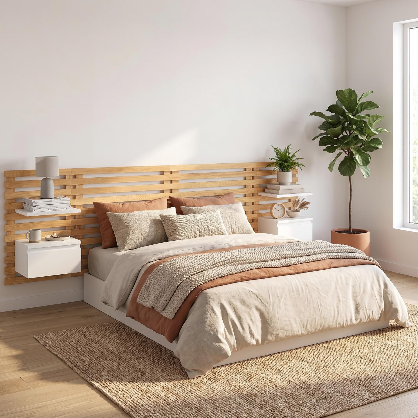 IDMarket - Cabecero de lamas AVA con mesillas colgantes 240 CM madera clara y blanco