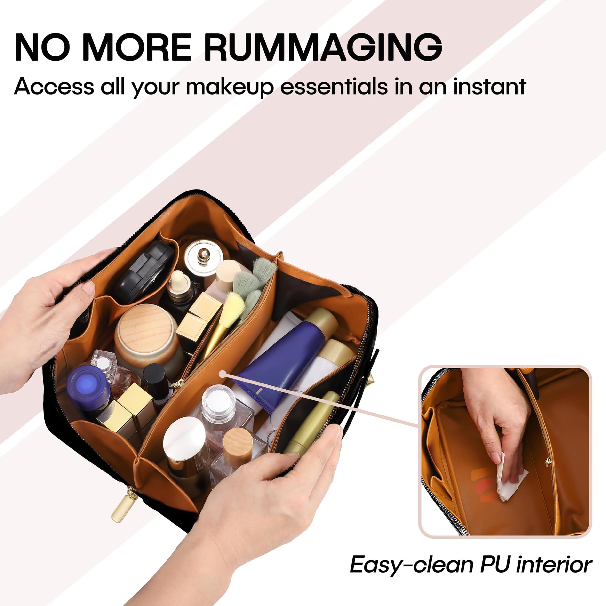 Bolsa de cosméticos de Viaje de Gran Capacidad, Bolsas de Maquillaje portátiles para Mujer, Impermeable, de Piel sintética, a Cuadros, Organizador de Maquillaje con separadores y asa, Bolsa de Aseo