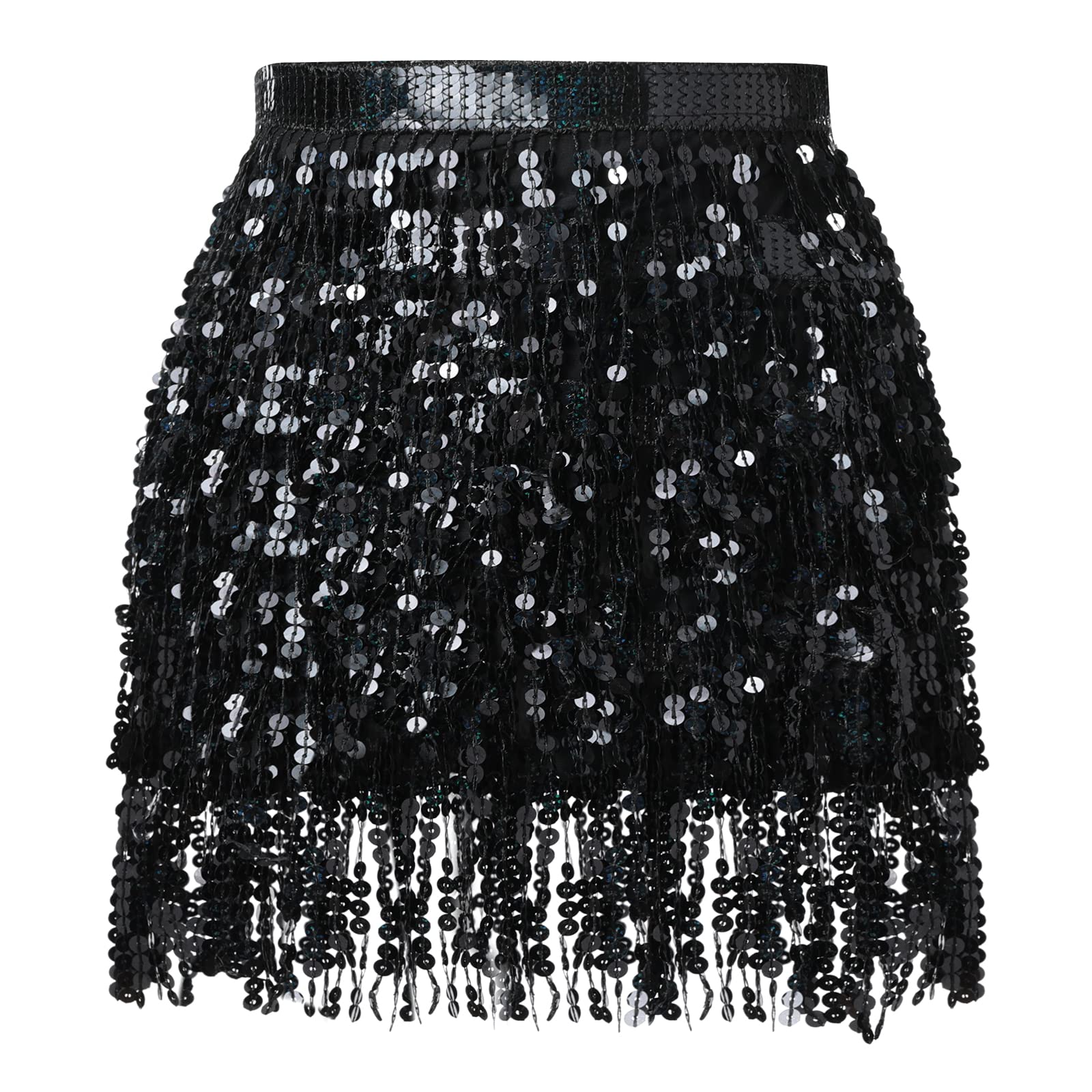 Soudittur Quasten Paillettenrock Damen Glitzer Rock Damen Steampunk Quastenrock Bauchtanz Hüftschal Karneval Fransen Rave Outfit Kostüm