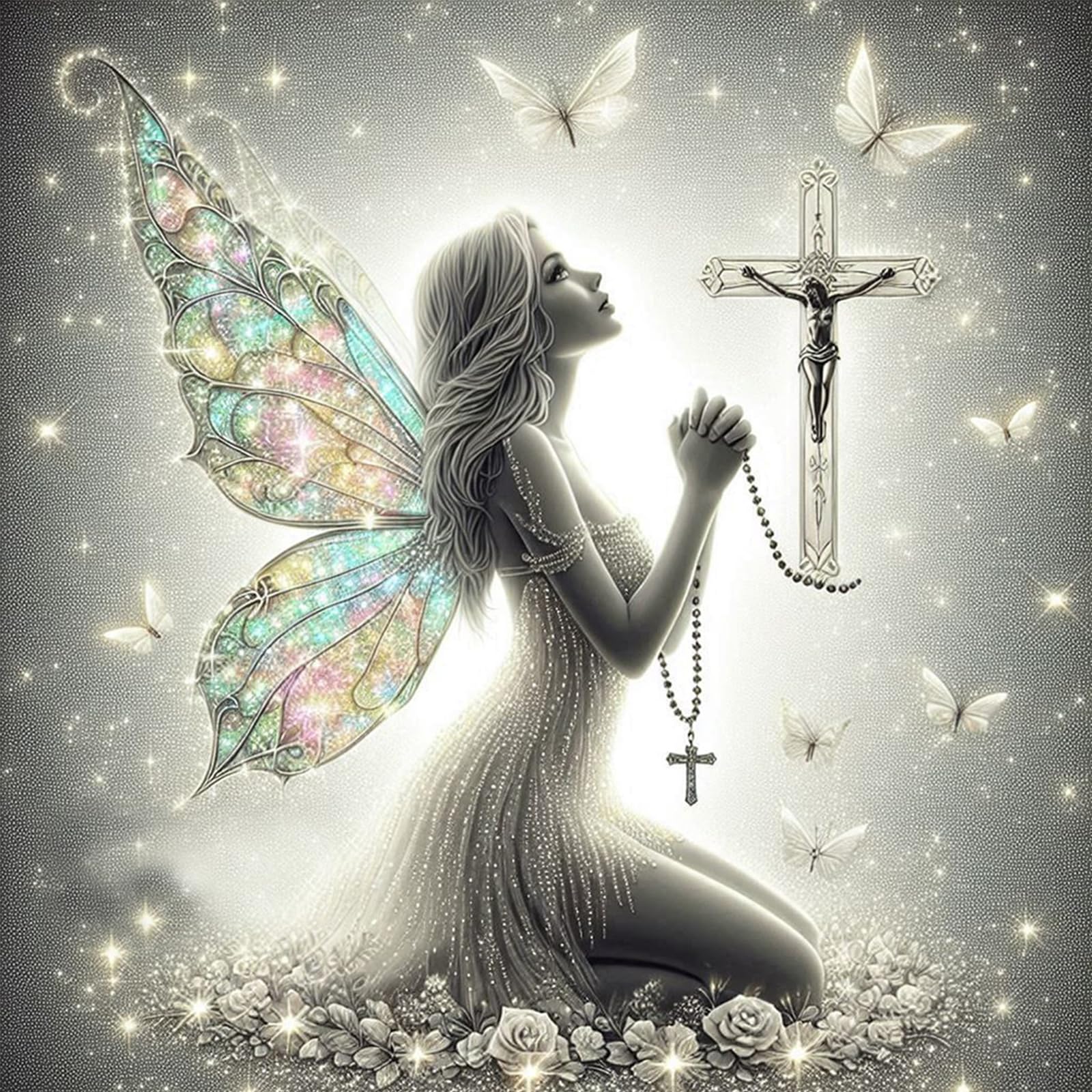 Poetrydraw Girls V8340 Fairy Praying Full Diy 5D Round Drill Diamond Art Paintings Picture Arts Craft For Adults Beginner Home Wall Decor Diamond Crystal Rhinestones Painting Kits 15.75 X15.75 In (V8340)