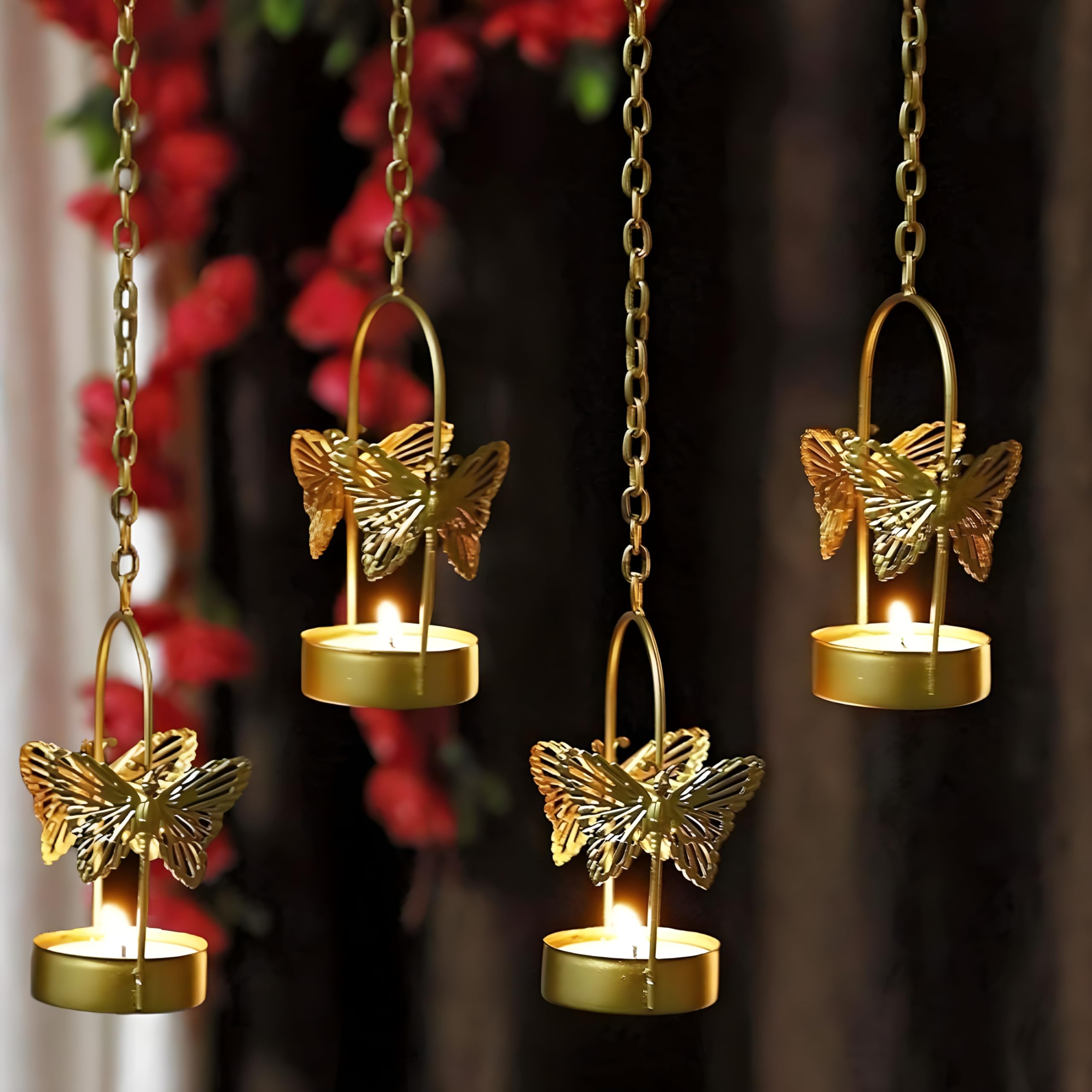 Hanging Butterfly Tealight Candle Holders with Chain – Gold Metal, Set of 4 – Decorative Hanging Lanterns for Home & Garden-image-44