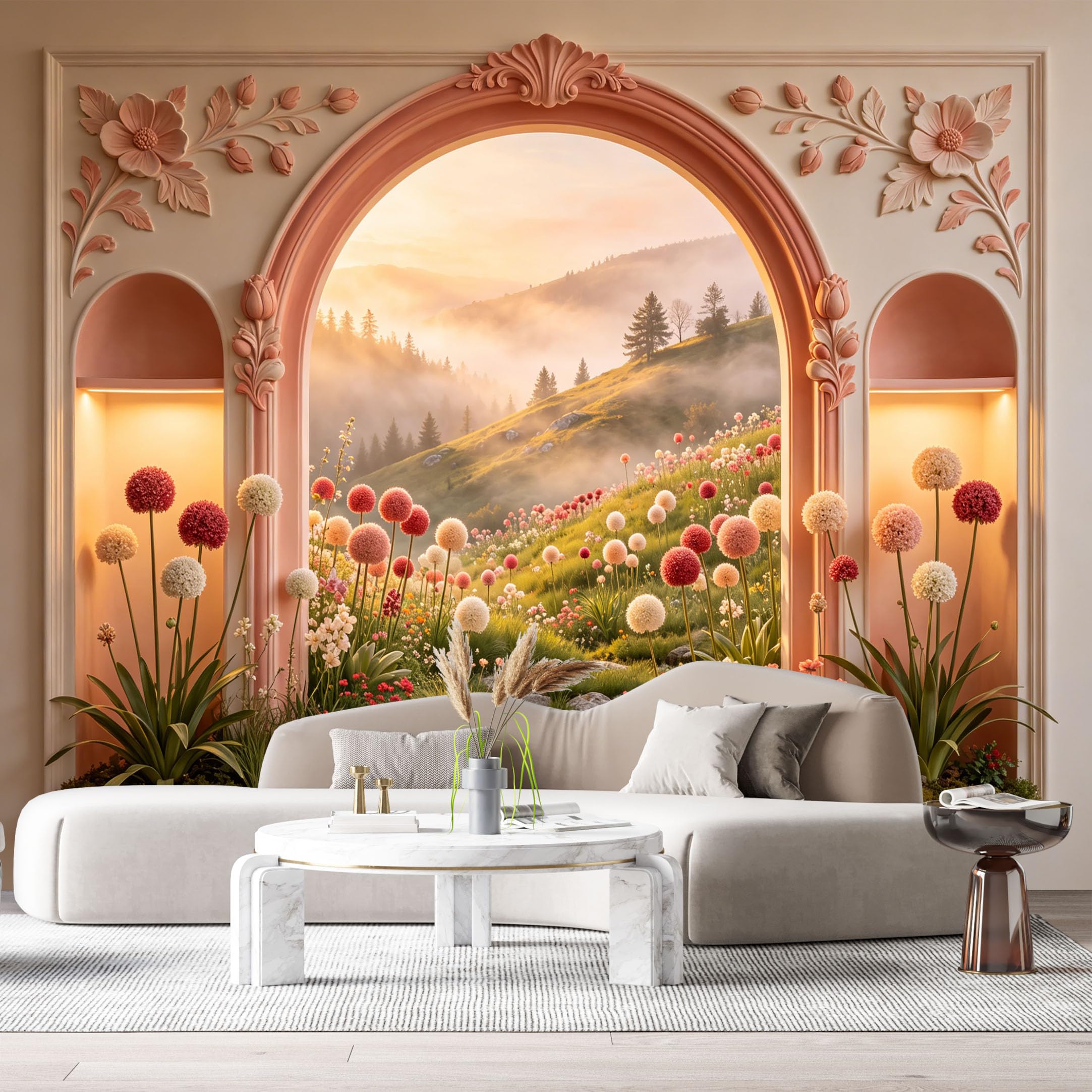 Custom Size Wall Mural Archway Mountain View Floral Landscape 3D Trompe L'Oeil SelfAdhesiveWall Fabric Removable Wallpaper Wall Decor for Living Room Bedroom Bathroom