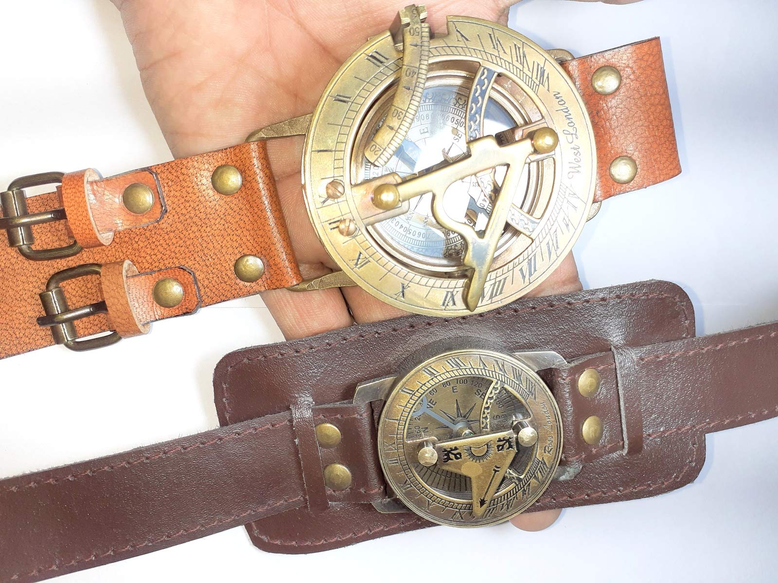Reloj de pulsera Steampunk con brújula de latón y reloj de sol con correa de cuero, reloj solar de aprox. 15.4 x 6.4 x 2.9 pulgadas, Marrón, Antiguo