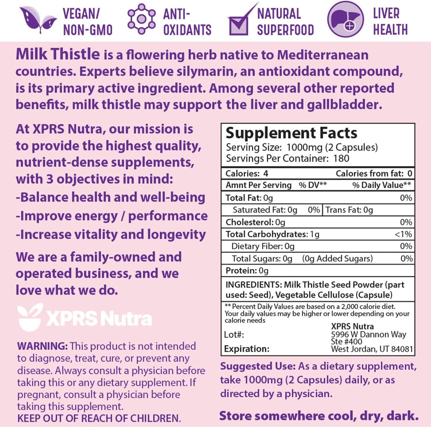 XPRS Nutra Milk Thistle Seed Capsules - 360 Count (6 Month Supply) Premium Milk Thistle Supplement Rich in Silymarin to Support the Liver and Digestion - Pure, Non-GMO Cardo Mariano Pills