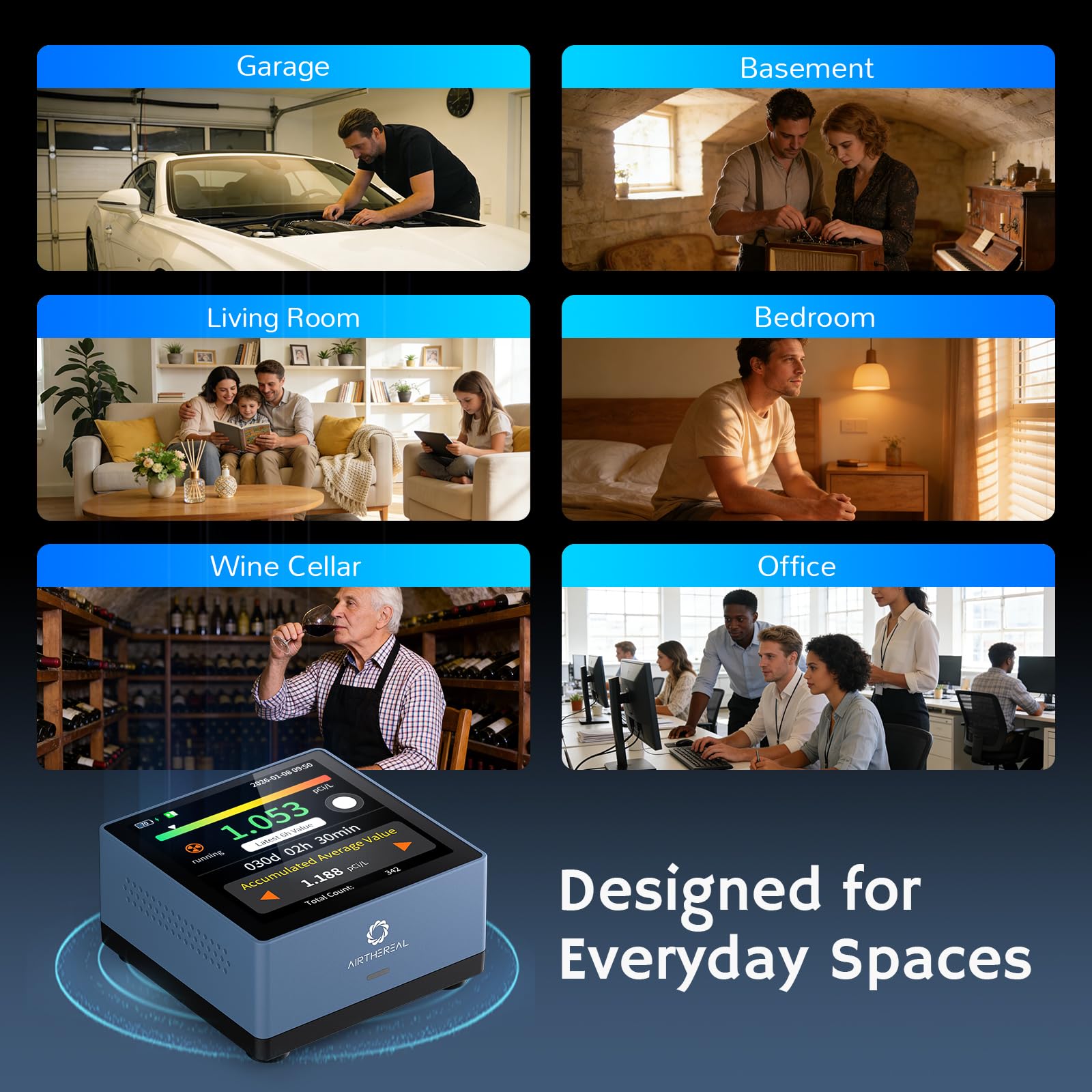 Airthereal Rilevatore di Radon per Casa, touchscreen da 3,4”, aggiornamenti ogni 10 minuti, allarmi acustici e visivi, design portatile e ricaricabile, monitoraggio a lungo termine, blu