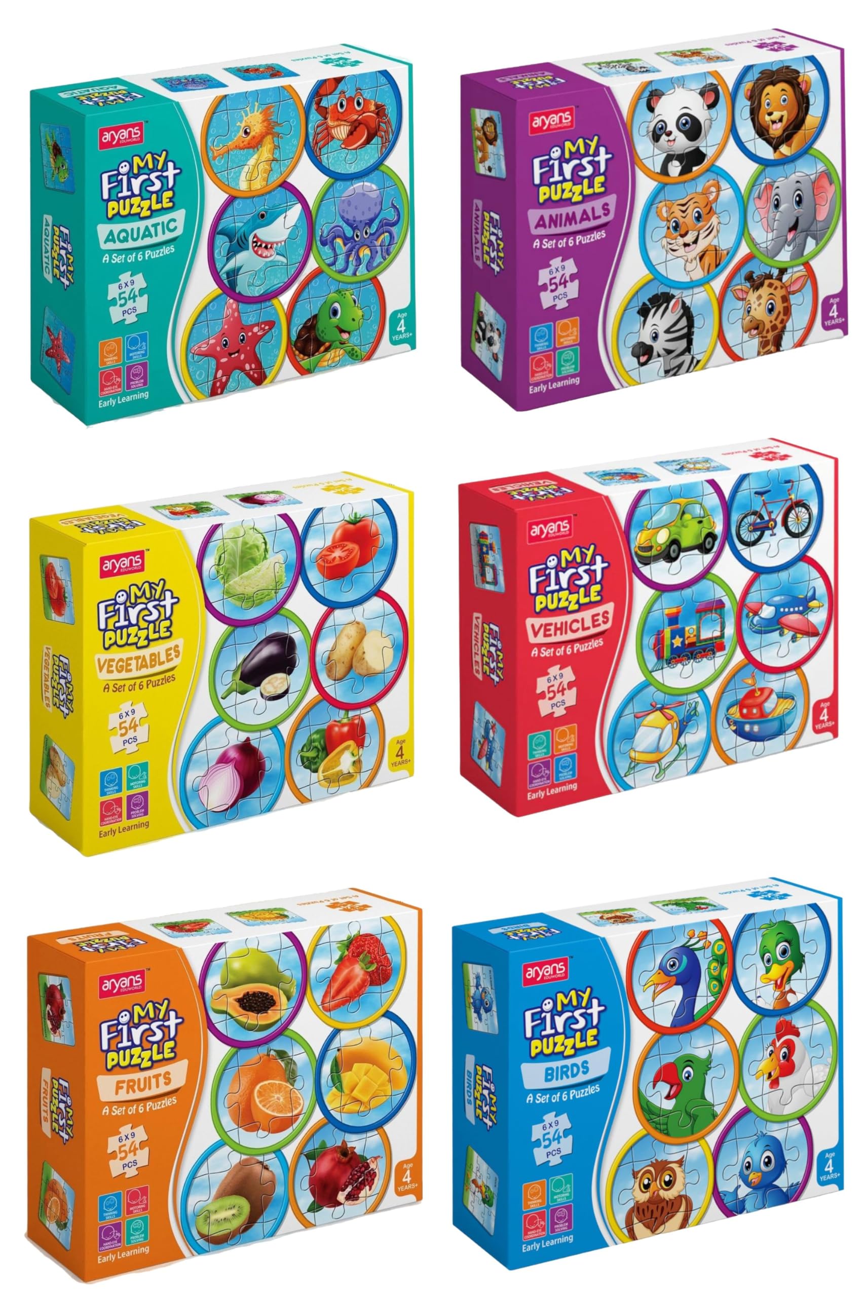 YUIOP − My First Puzzle - Jigsaw Puzzles for Kids - Explore Animals, Birds, Aquatic, Vegetables, Fruits & Vehicles - Fun & Learn - Perfect Locking (36 Sets - 324 Pcs) (Pack of 6 (All Styles))