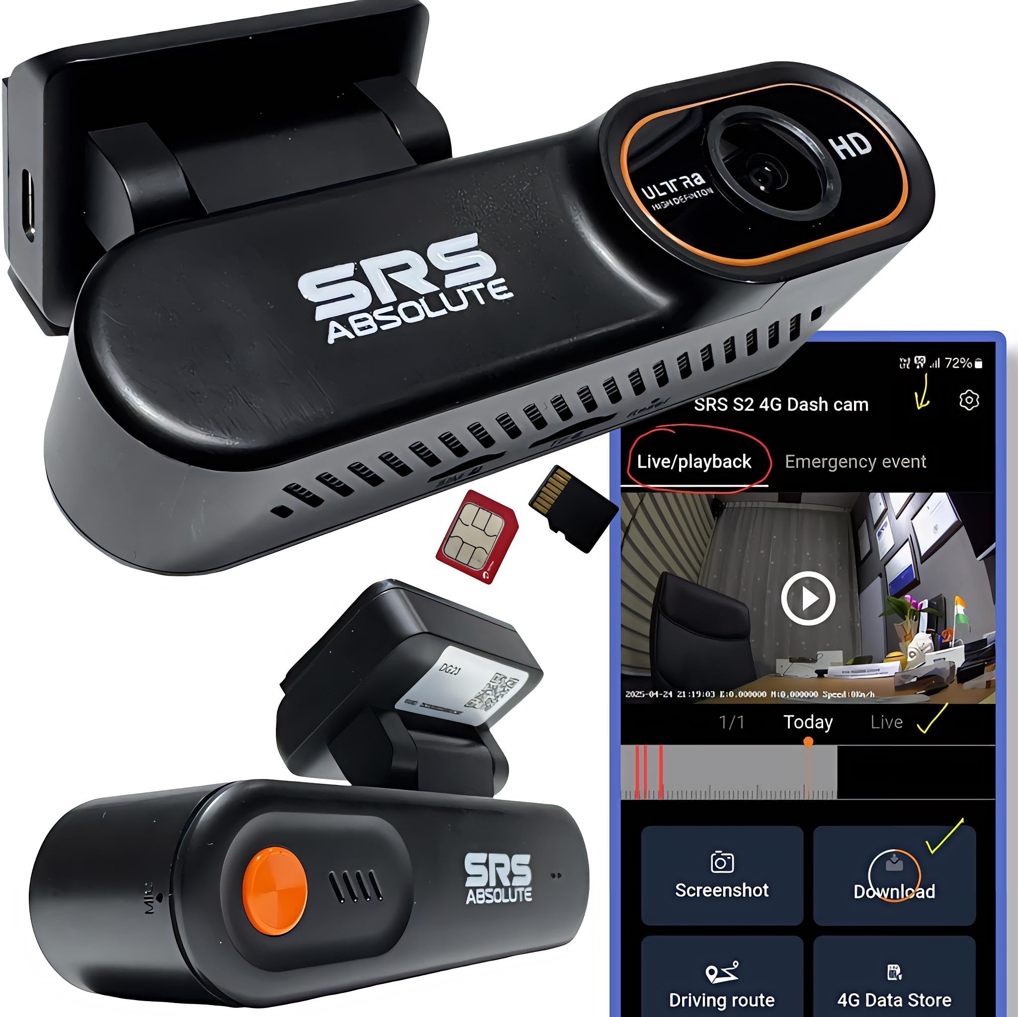 2K 4G Dash Cam Loop Record 24x7 Remote Live Audio Video GPS Track SOS Park Surveillance Playback Download Dual Resolution GeoFence Hyper Lapse Motion GSensor 1TB MicroSD SIM Support S24G