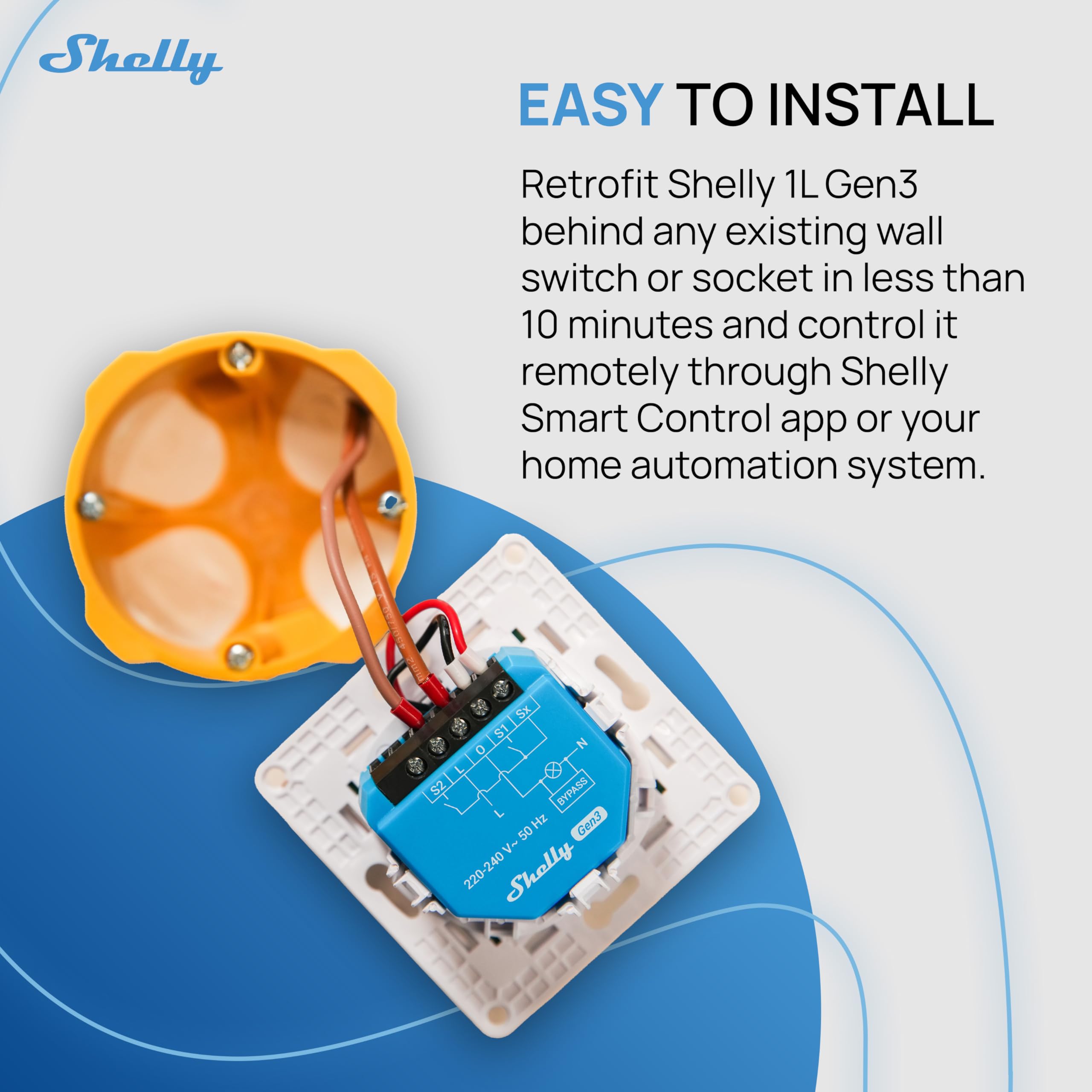 Shelly 1L Gen3 Con Bypass- Interruptor Inteligente WLAN, 1 Canal, Alexa, Google Home, Smartthings, No Requiere Concentrador, Mando A Distancia, No Requiere Conductor Neutro, Montaje Empotrado, Control