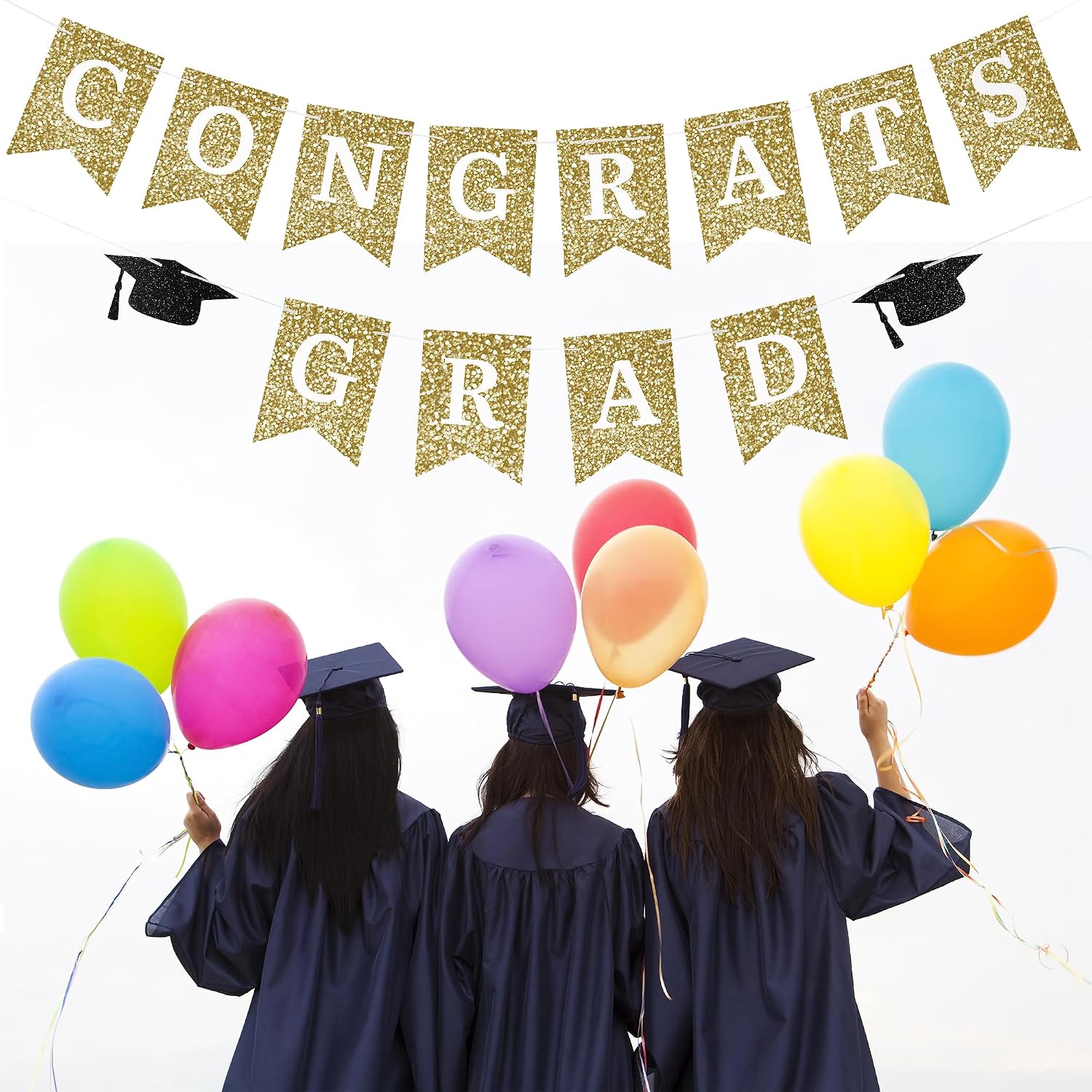 Congrats Grad Banner Gold Glitter Pre-Strung Congrats Grad Sign Decorations - 8ft -No DIY - Graduation Party Decorations for Class of 2026 Graduation Decorations