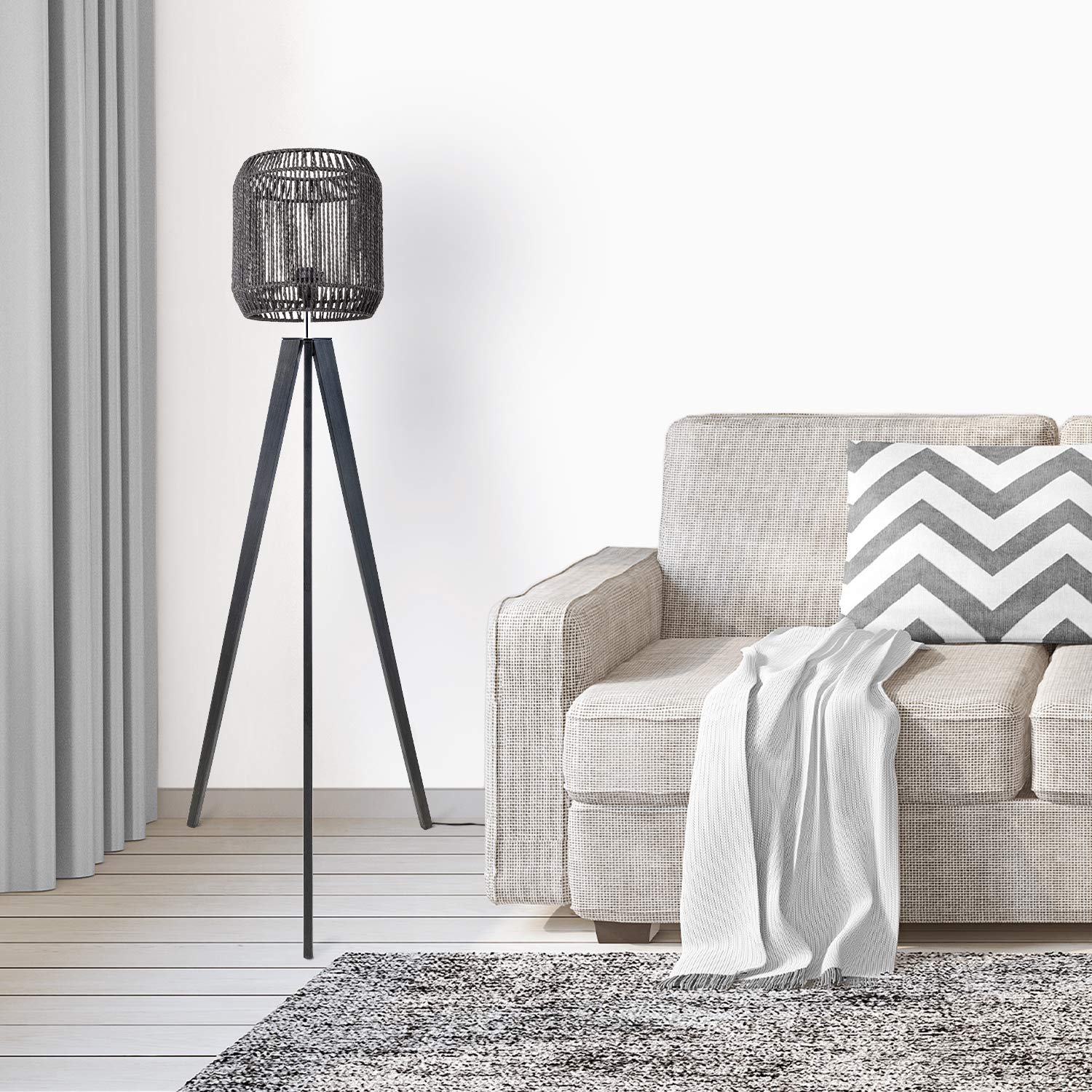 Paco Home Stehlampe Modern Wohnzimmer Schlafzimmer Rattan Optik Boho Korb Stehleuchte E27, Lampenfuß: Stehleuchte Schwarz, Lampenschirm: Schwarz (Ø28 cm)