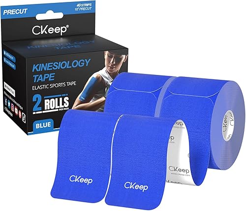 CKeep Cinta de kinesiología (2 rollos), cinta elástica de algodón original de alta calidad, 33 pies, 40 tiras precortadas en total, cinta K