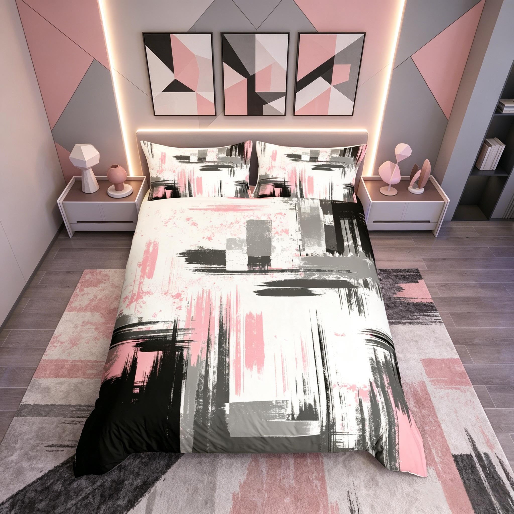 Loussiesd Abstract Bedding Duvet Cover Set Kids Modern Abstract Art Bedding Set Pink White Black Comforter Cover Set for Boys Room Decor Lightweight Retro Bedspread Cover Junior/Cot Bed Size