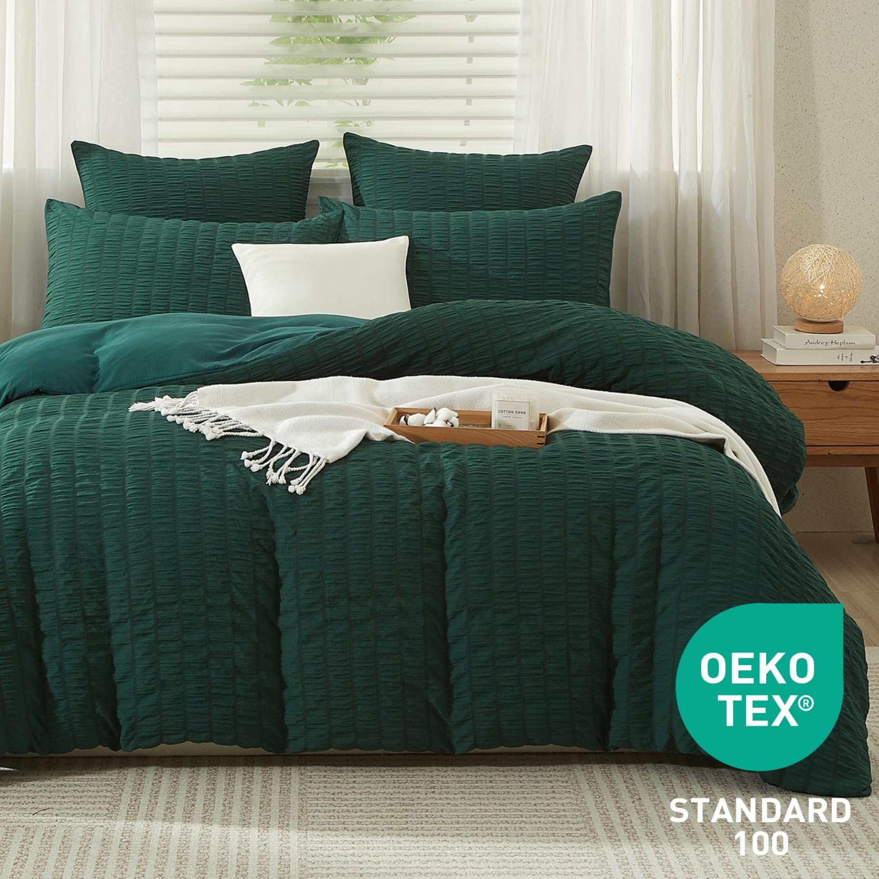 Gezu Seersucker Bed Linen 135 x 200 cm 2-Piece Dark Green Reversible Bed Linen Stripes Embossed Stripes Seersucker Bedding Set Brushed Comfortable Soft Duvet Cover with Zip and 1 Pillowcase - Image 2