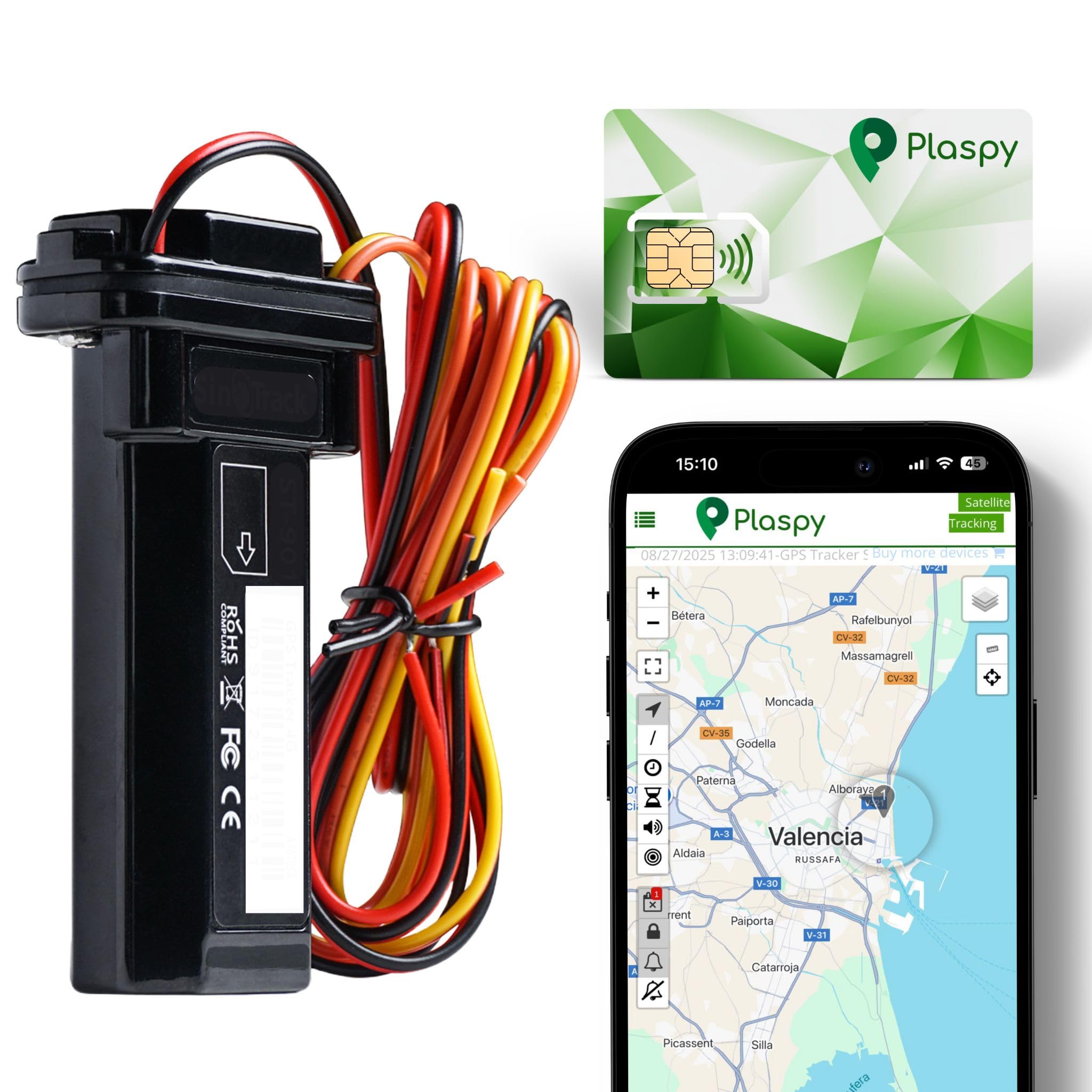 Localizador GPS para Coche y Moto con Plataforma GPS Plaspy 1 Año + SIM con Datos - Rastreador Vehículos en Tiempo Real (App y Web)