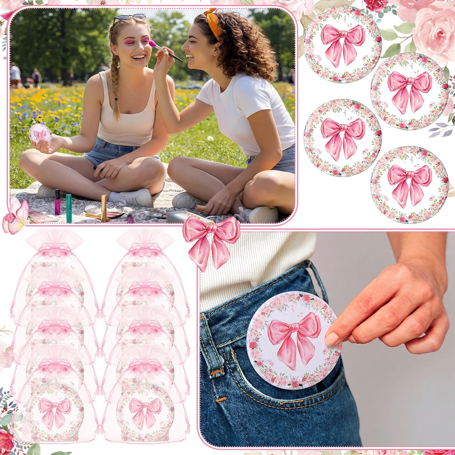 Namalu 24 Sets Coquette Pink Bow Party Favors Compact Mirror Bulk Pink Bow Gift Bag and Thank You Cards Bags for Baby Shower Bridal Wedding Guest Appreciation Gifts Gender Reveal