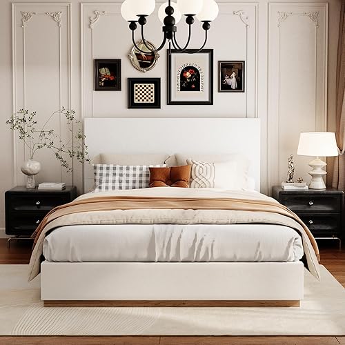 Miniatura 10 de Base de cama Queen con cabecero, plataforma tapizada de terciopelo con base de madera cerrada, estructura de metal y soporte de listones de madera,