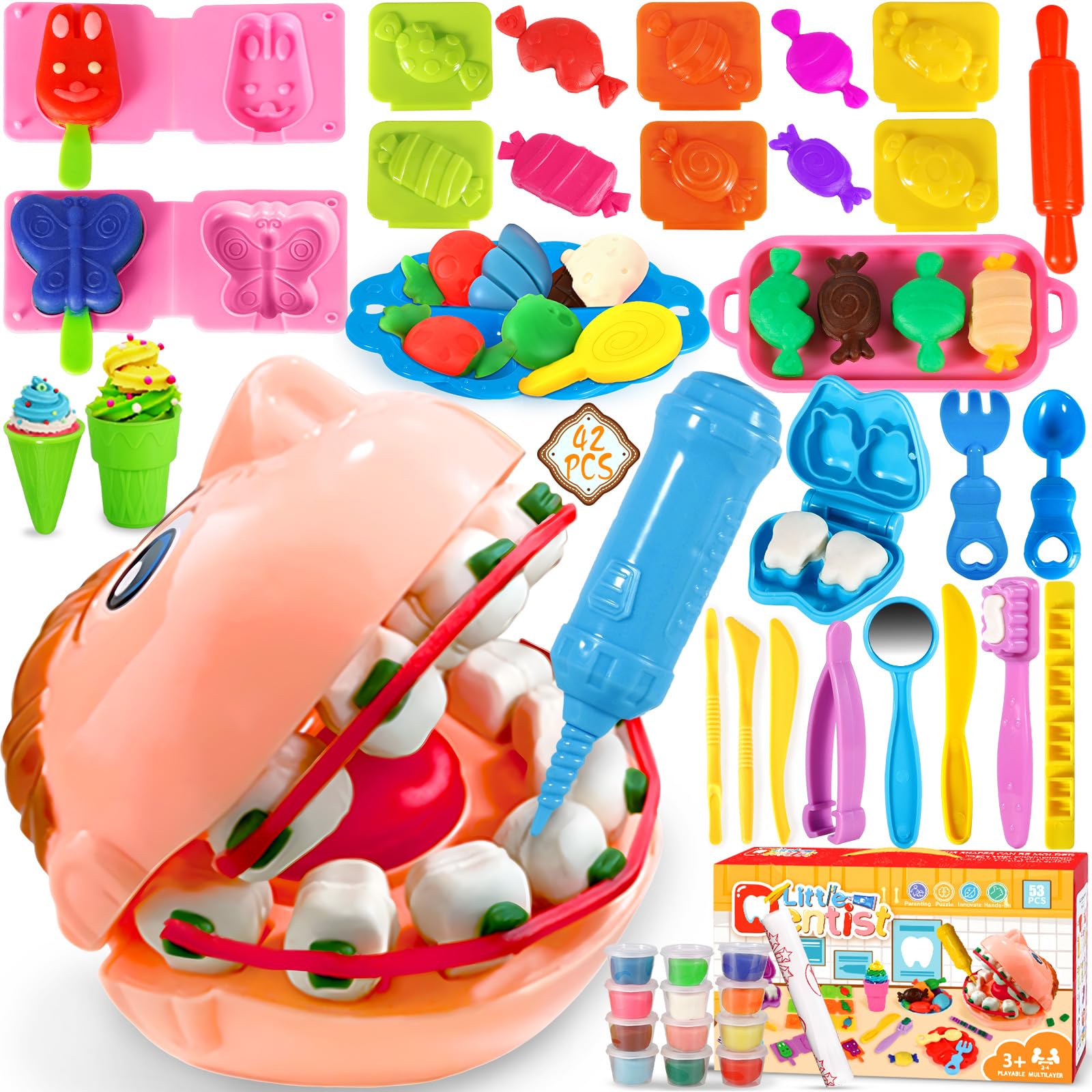 VIPNAJI Juguete El Dentista, Juego de Plastilina, Herramientas Plastilina para Niños, 53 Piezas de Moldes plastilina para Juego de Dentista Accesorios de Arcilla de Modelado,con 12 Cajas Arcilla