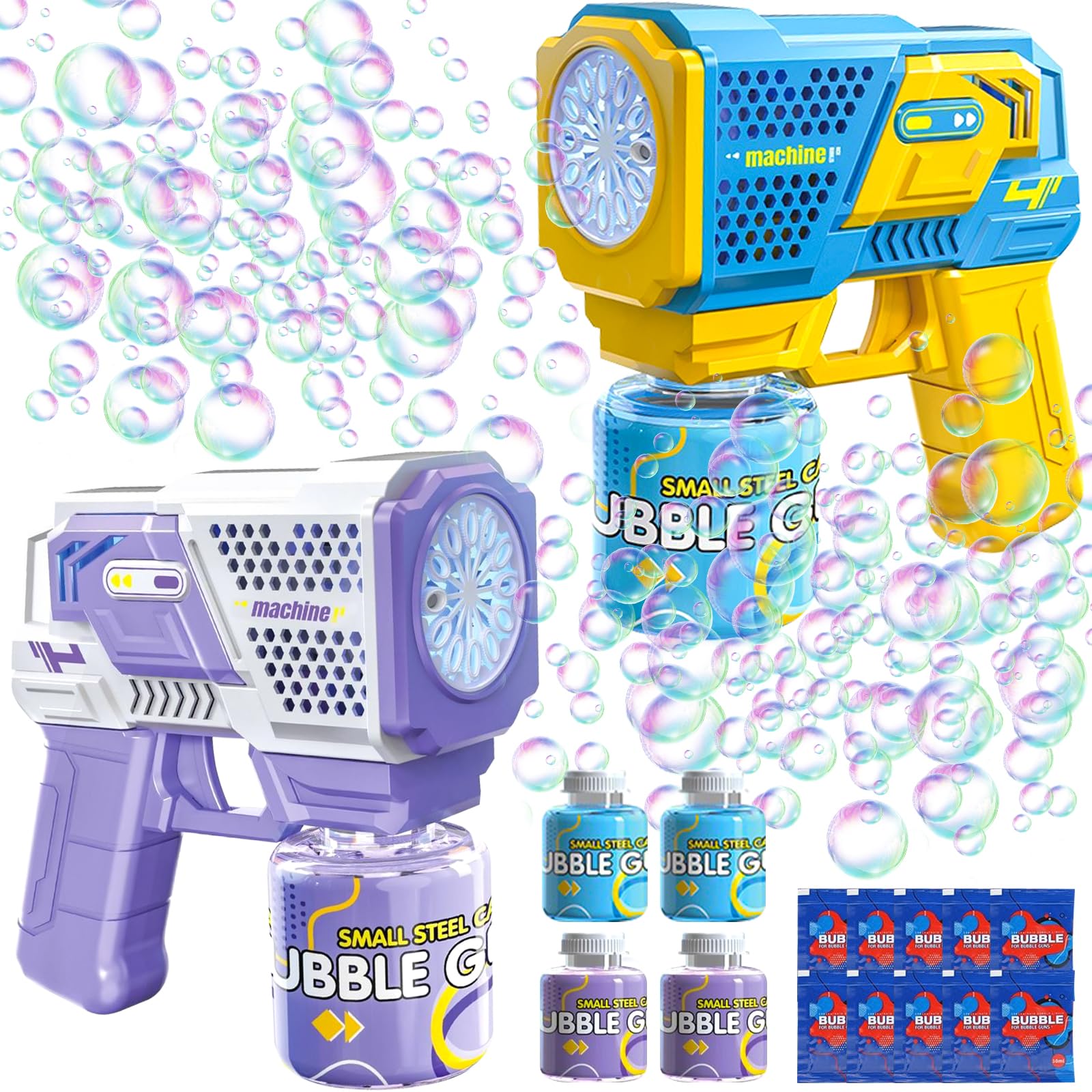 2 Pistolas de Burbujas para Niños, Máquina Automática de Burbujas LED de Jabón 10000+ Burbujas con 4 Soluciones (90 ml), Juguete de Verano, Regalos para Cumpleaños Fiestas, Aire Libre Bodas
