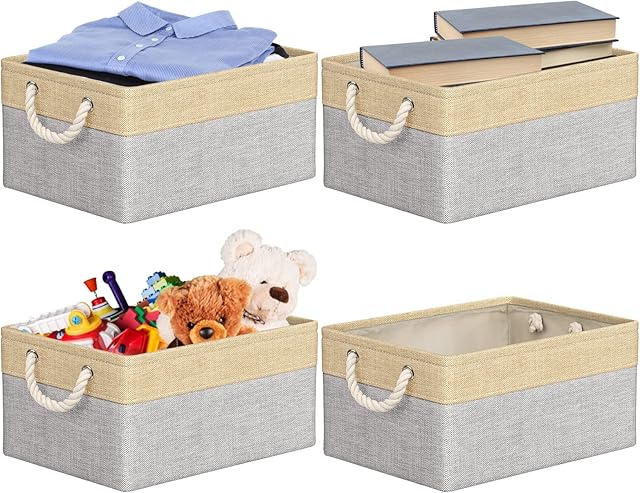 RIWNNI Storage Baskets for Shelves [4-Pack], Storage Boxes with Handles, 40x30x20cm Oxford Fabric Storage Bins for Organizing Home and Office, Beige & Grey
