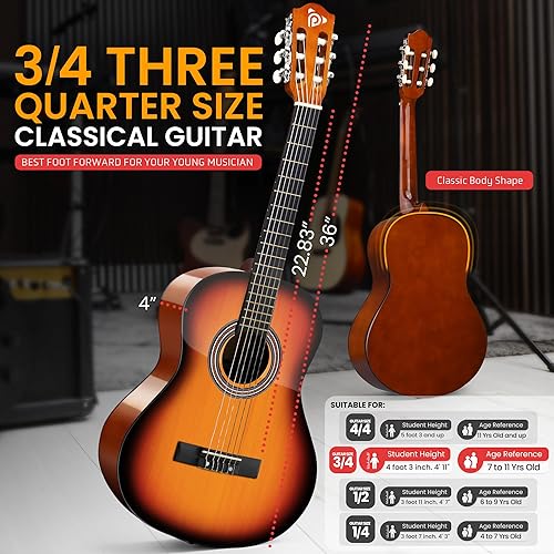 Miniatura 3 de Pyle - Guitarra acústica clásica de 36 pulgadas tamaño Junior kit inicial con cuerdas de acero estuche de transporte afinador púas correa para Sun