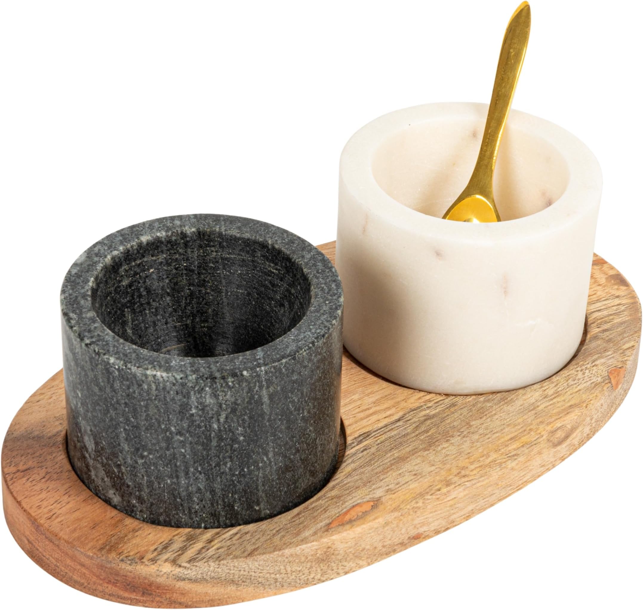Creative Co-Op 2 Marble Bowls on Mango Wood Base with Salt Spoon
